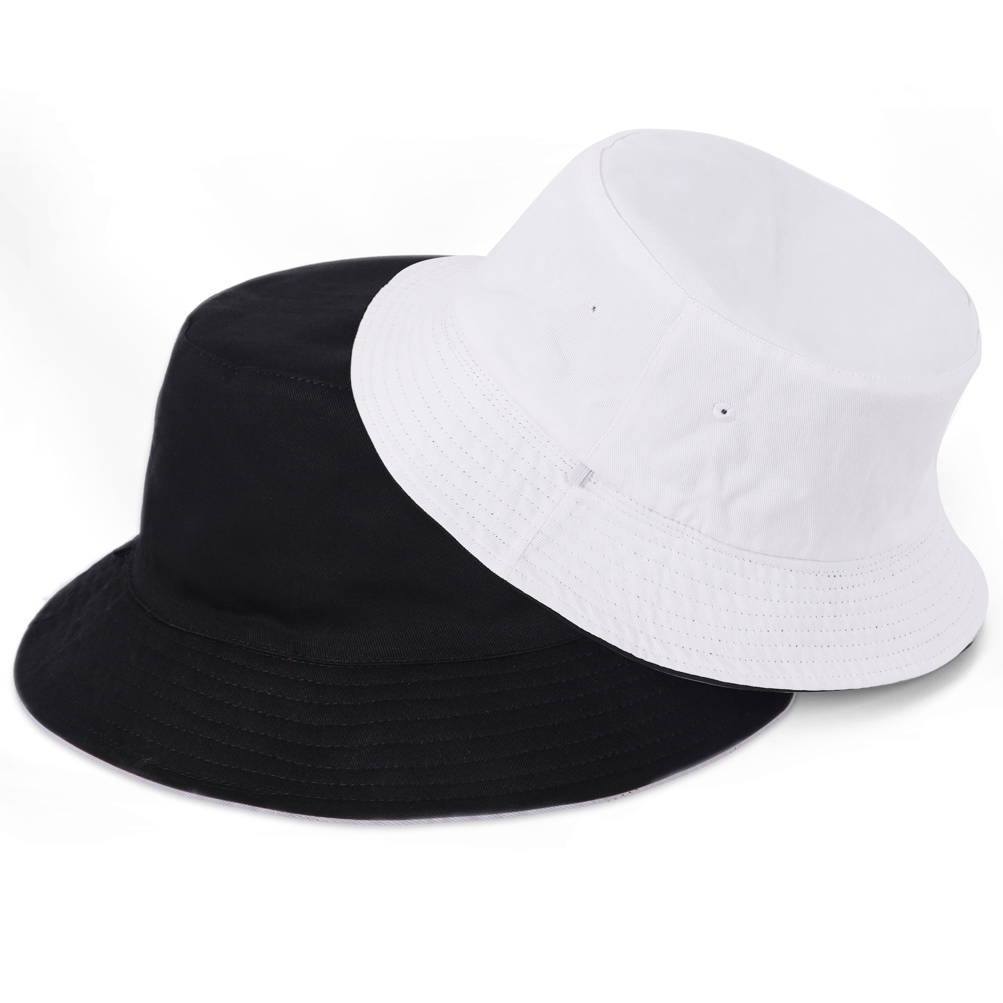 Black white reversible cotton bucket hat for big heads - brim edge detail