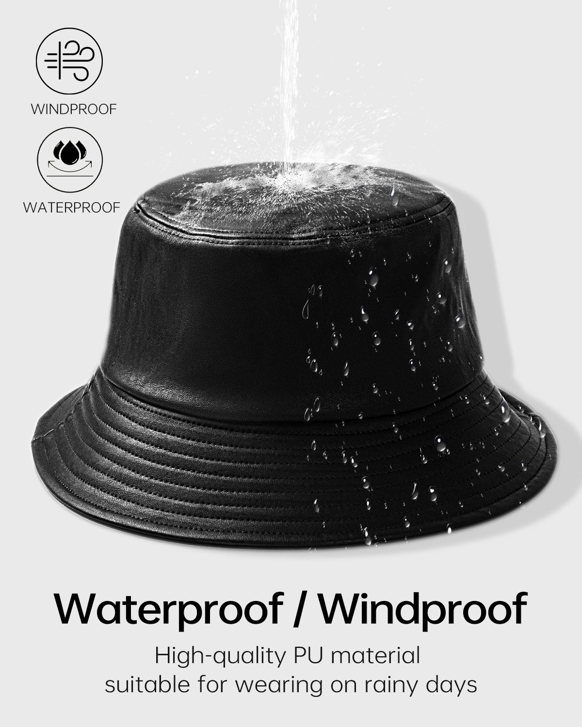 Black PU leather bucket hat for big heads - waterproof surface detail