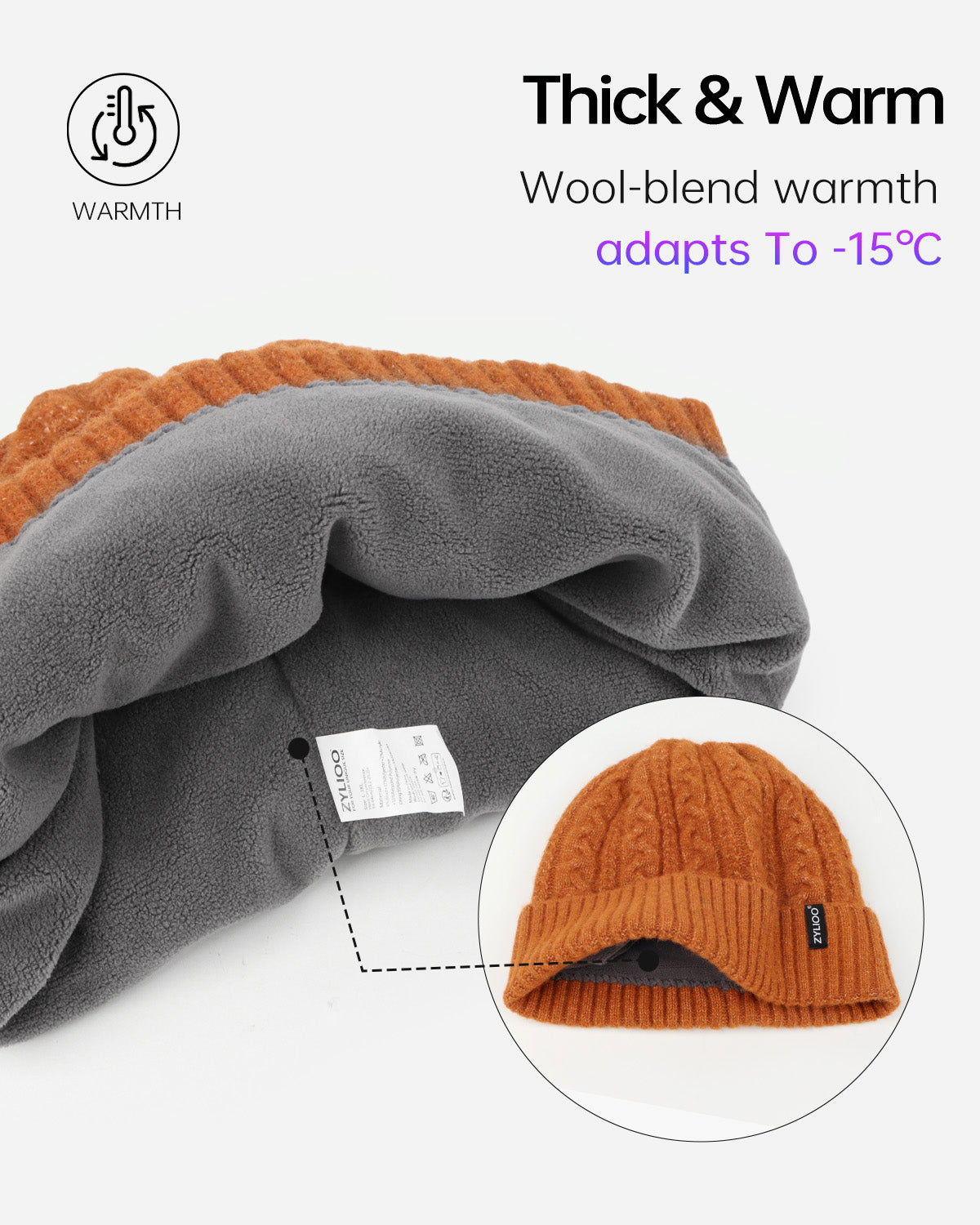 Brown fleece-lined cable beanie for big heads - interior fleece lining detail