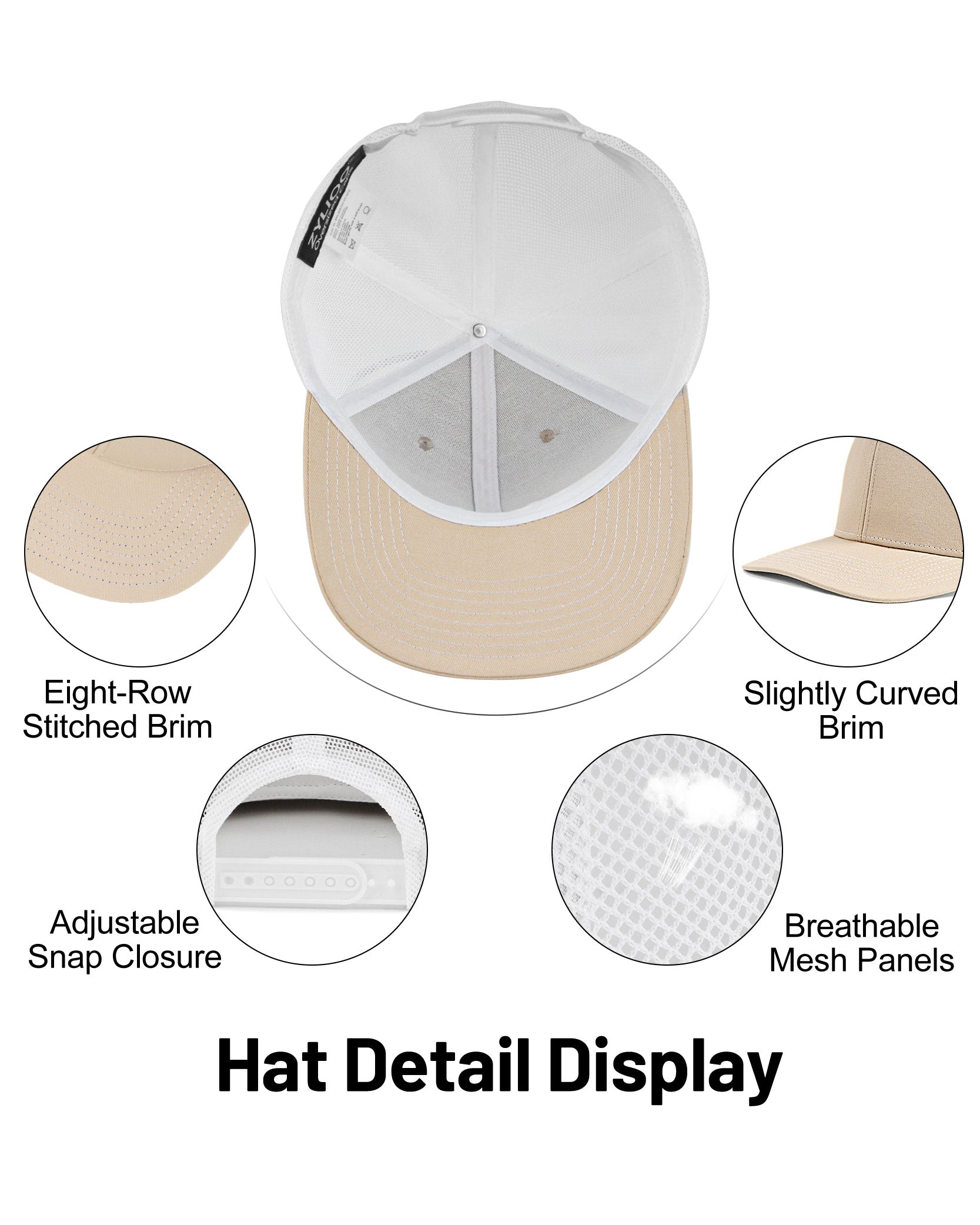 Khaki white mid profile snapback mesh trucker hat for big heads - interior sweatband detail