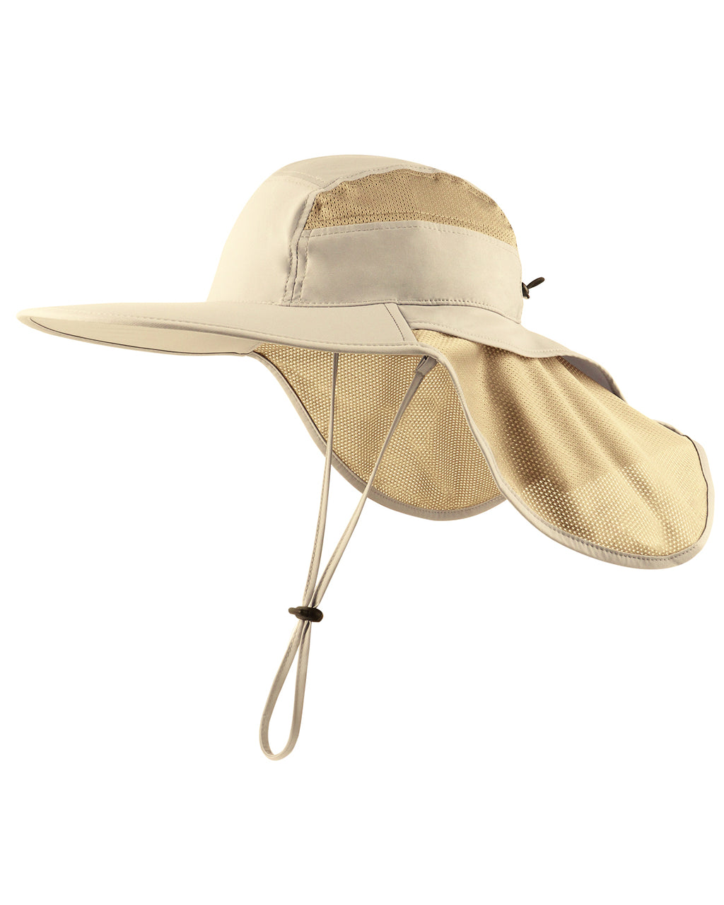 Khaki wide brim sun hat with neck flap for big heads front view