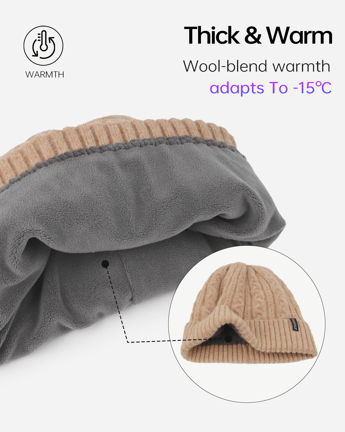 Khaki fleece-lined cable beanie for big heads - interior fleece lining detail