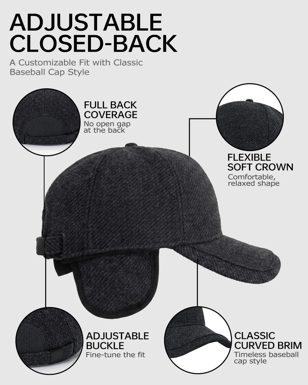 Winter Baseball Cap with Ear Flaps for Big Heads