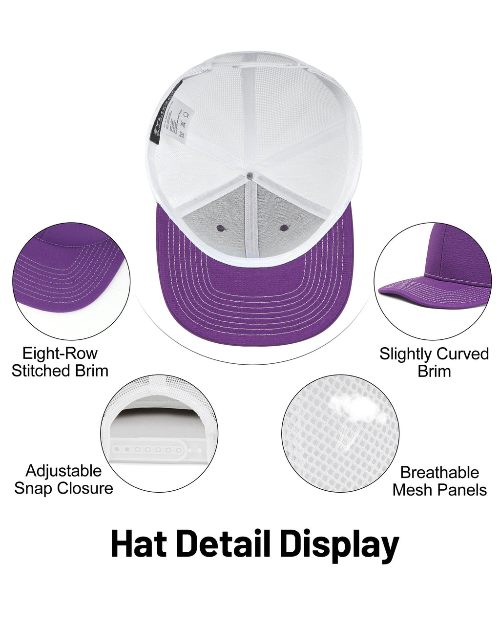 Purple white mid profile snapback mesh trucker hat for big heads - interior sweatband detail