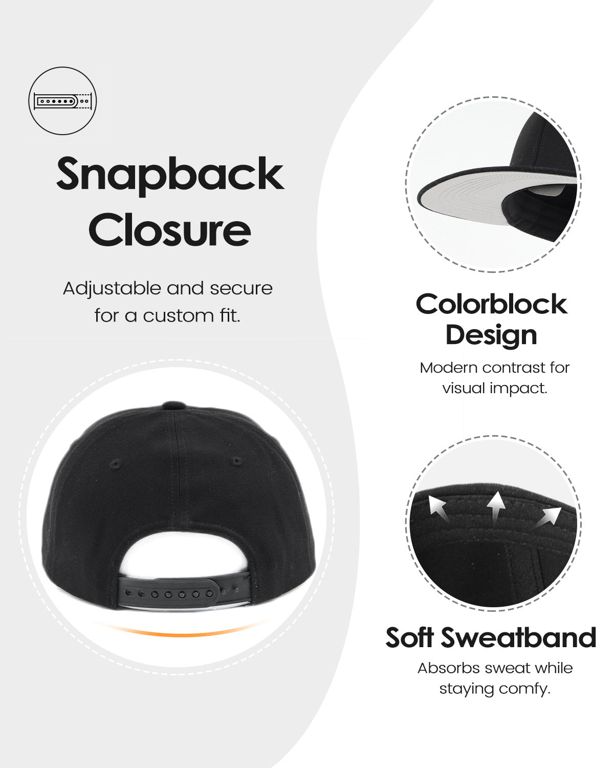 Black flat bill snapback baseball cap for big heads - back view with snapback closure