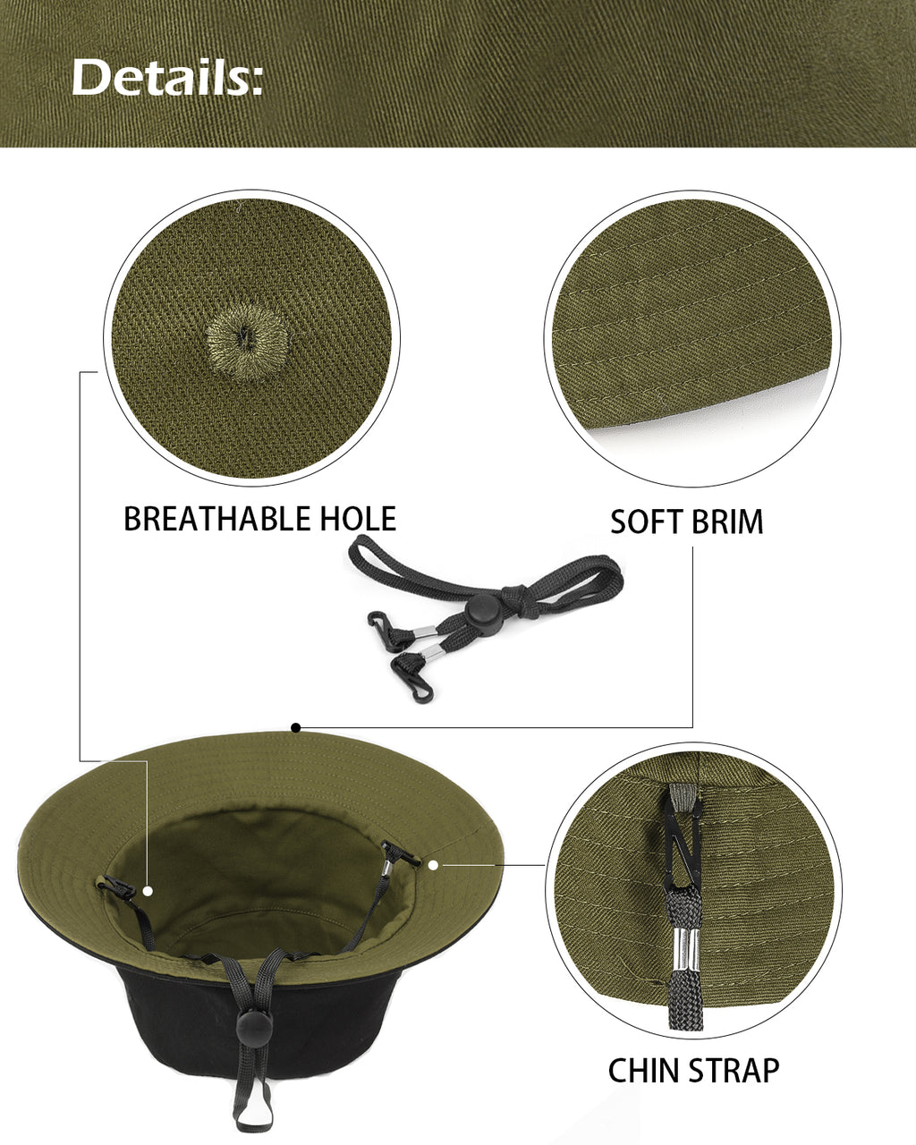 Army green reversible cotton bucket hat for big heads - brim edge detail