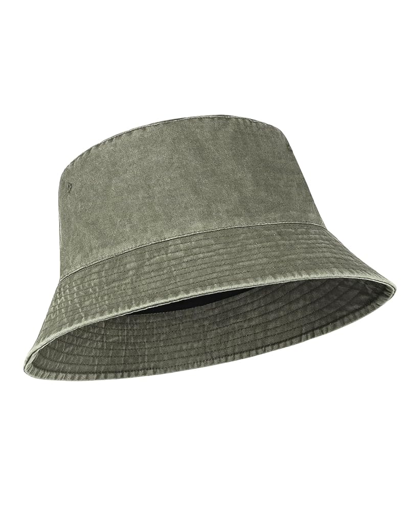  Army green cotton washed denim bucket hat for big heads XXL - front view - Zylioo