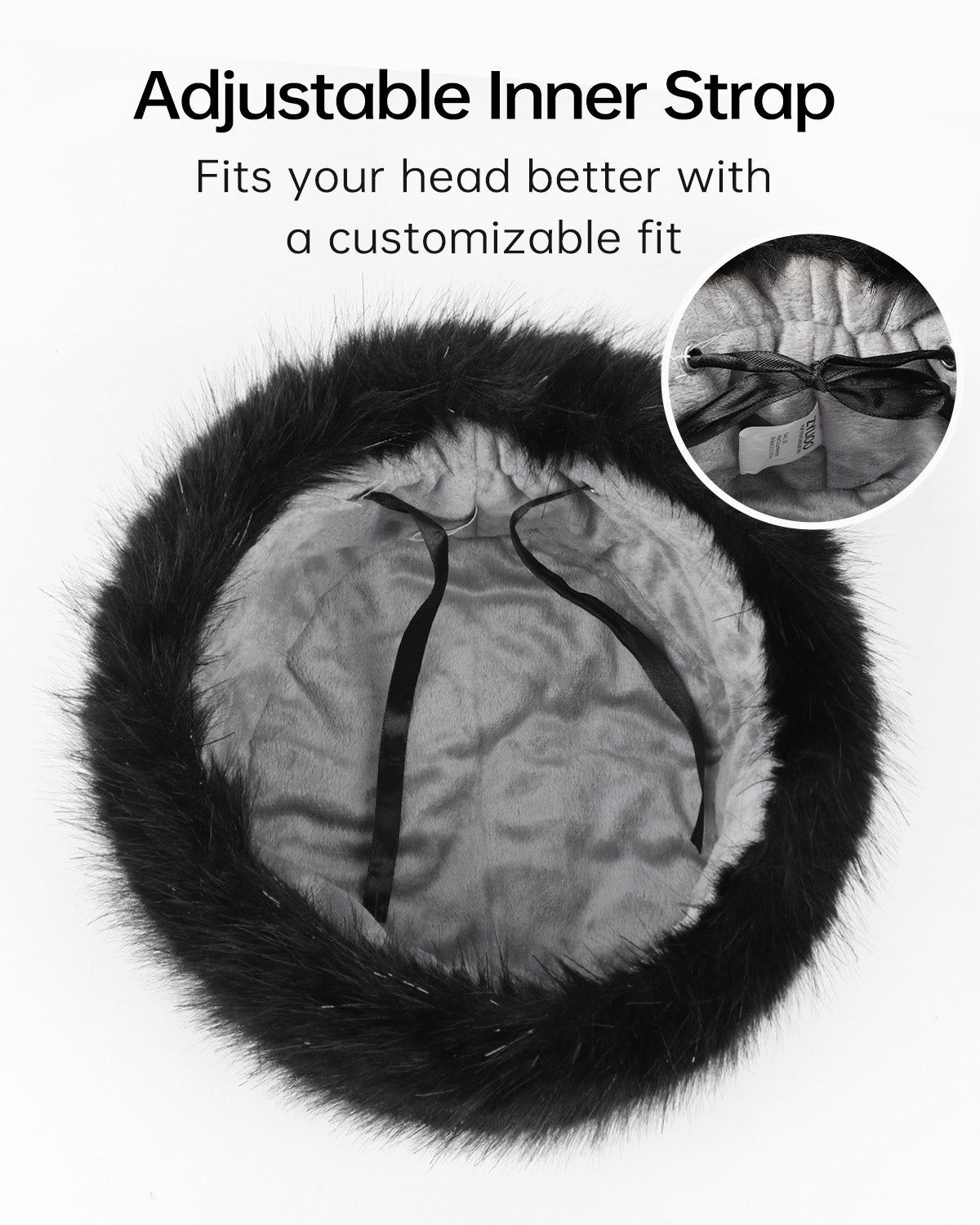Black faux fur cossack hat for big heads - soft faux fur texture detail