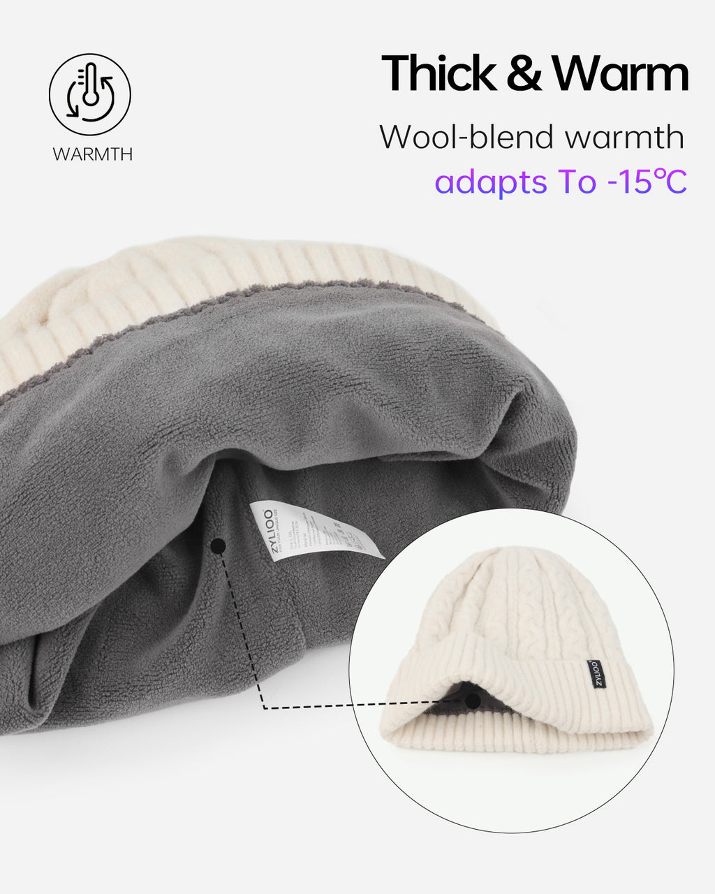 Beige fleece-lined cable beanie for big heads - interior fleece lining detail