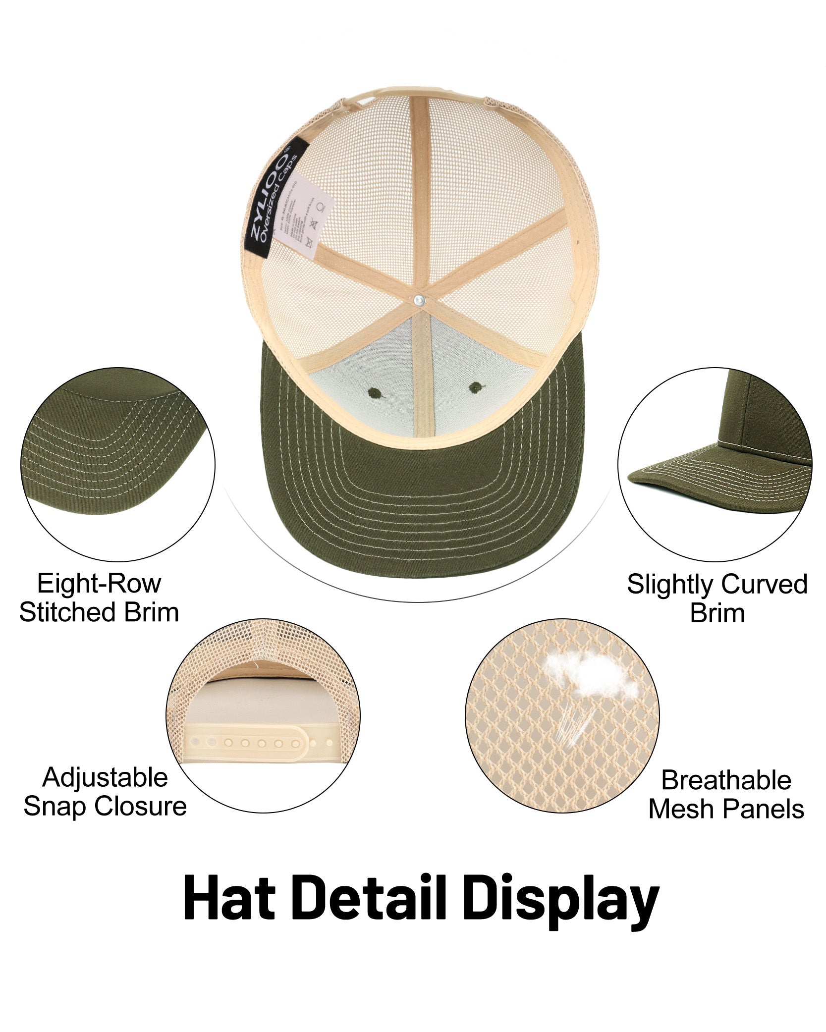 Army green khaki mid profile snapback mesh trucker hat for big heads - interior sweatband detail