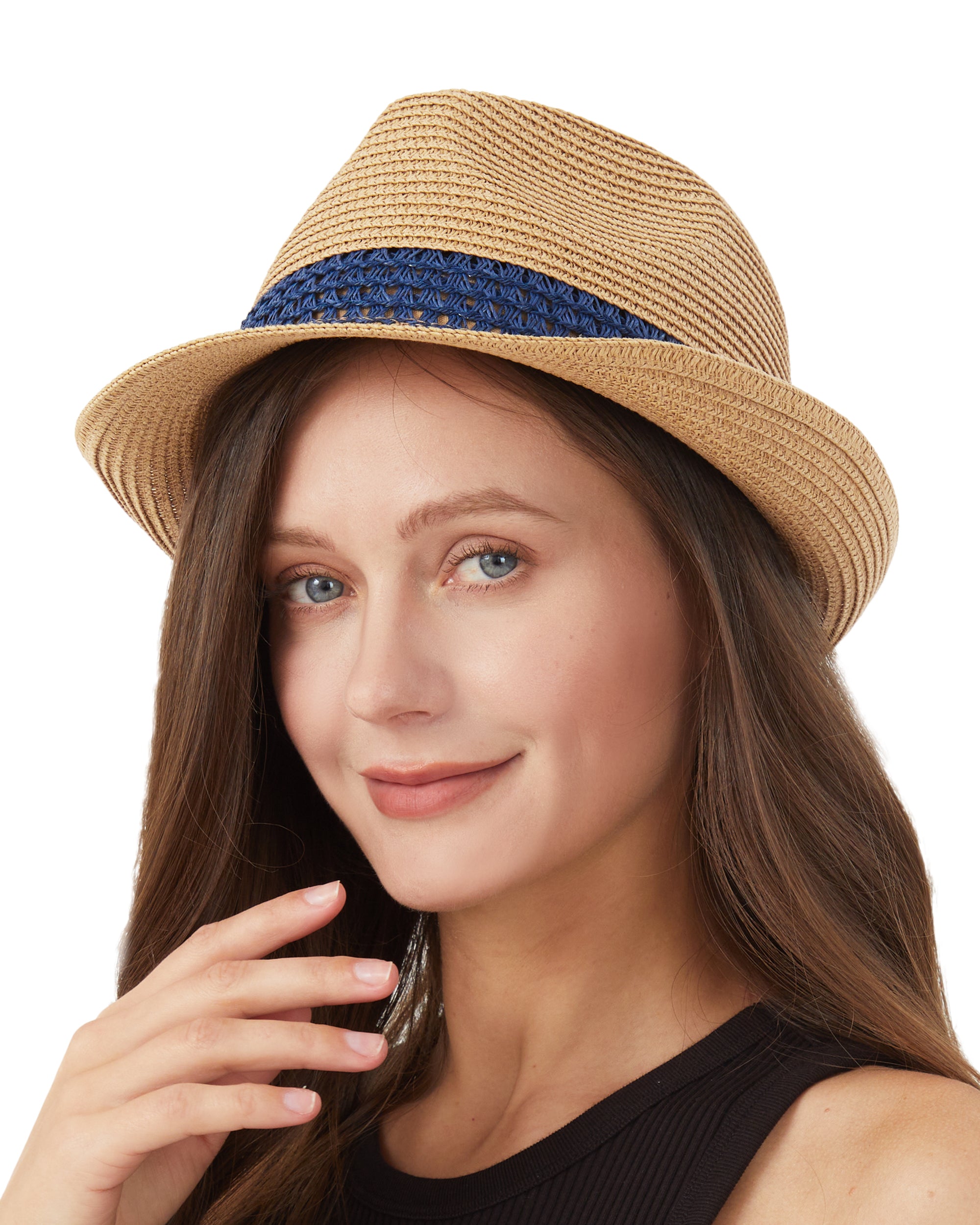 Cuban khaki blue fedora straw hat for big heads XXL - front view - Zylioo