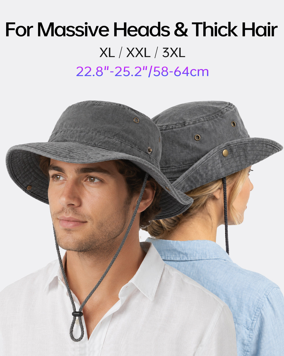 Gorro de sol tipo boonie lavado para cabezas grandes