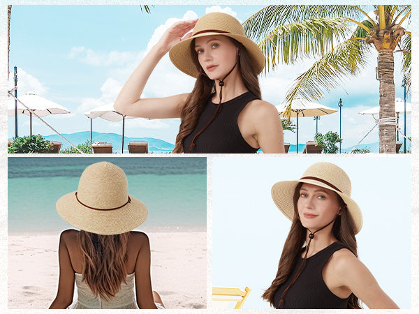 Mix beige strap wide brim straw hat for big heads - straw weave and strap detail