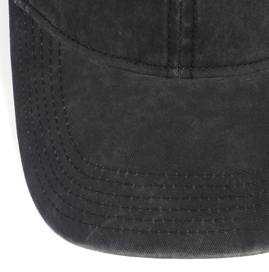 Black washed denim baseball cap for big heads -curved brim close-up
