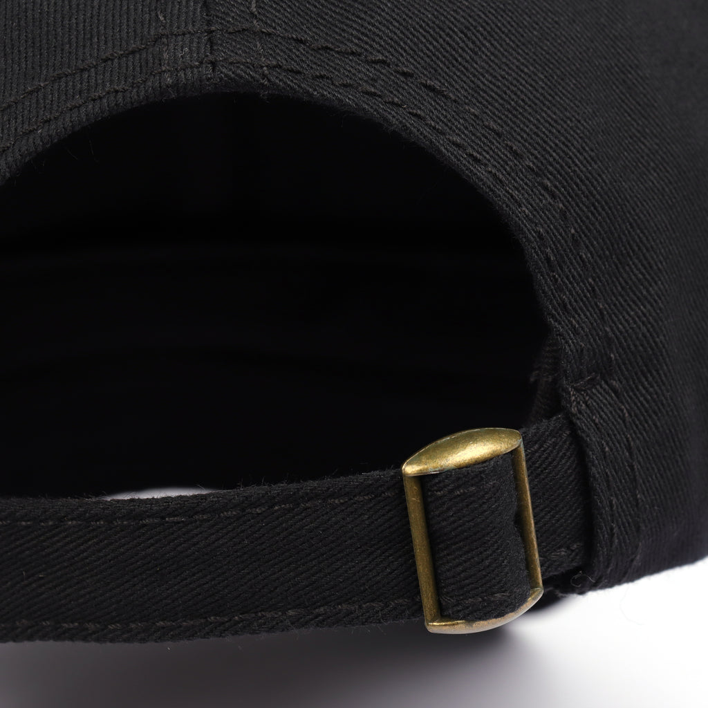 Black oversized cotton baseball cap - adjustable strap close-up