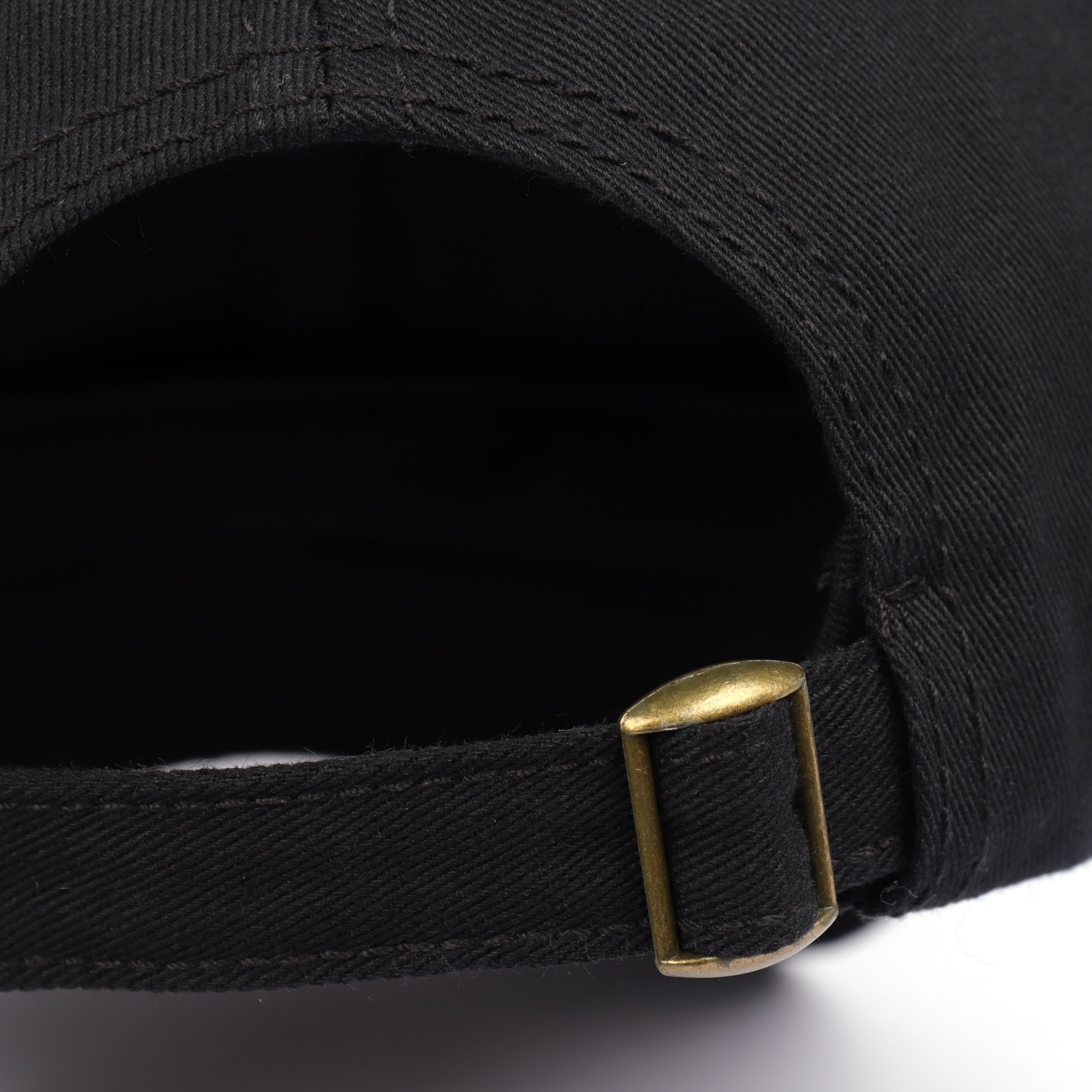Black oversized cotton baseball cap - adjustable strap close-up