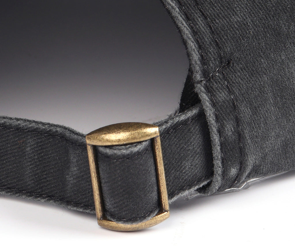 Black washed denim baseball cap for big heads - adjustable buckle close-up