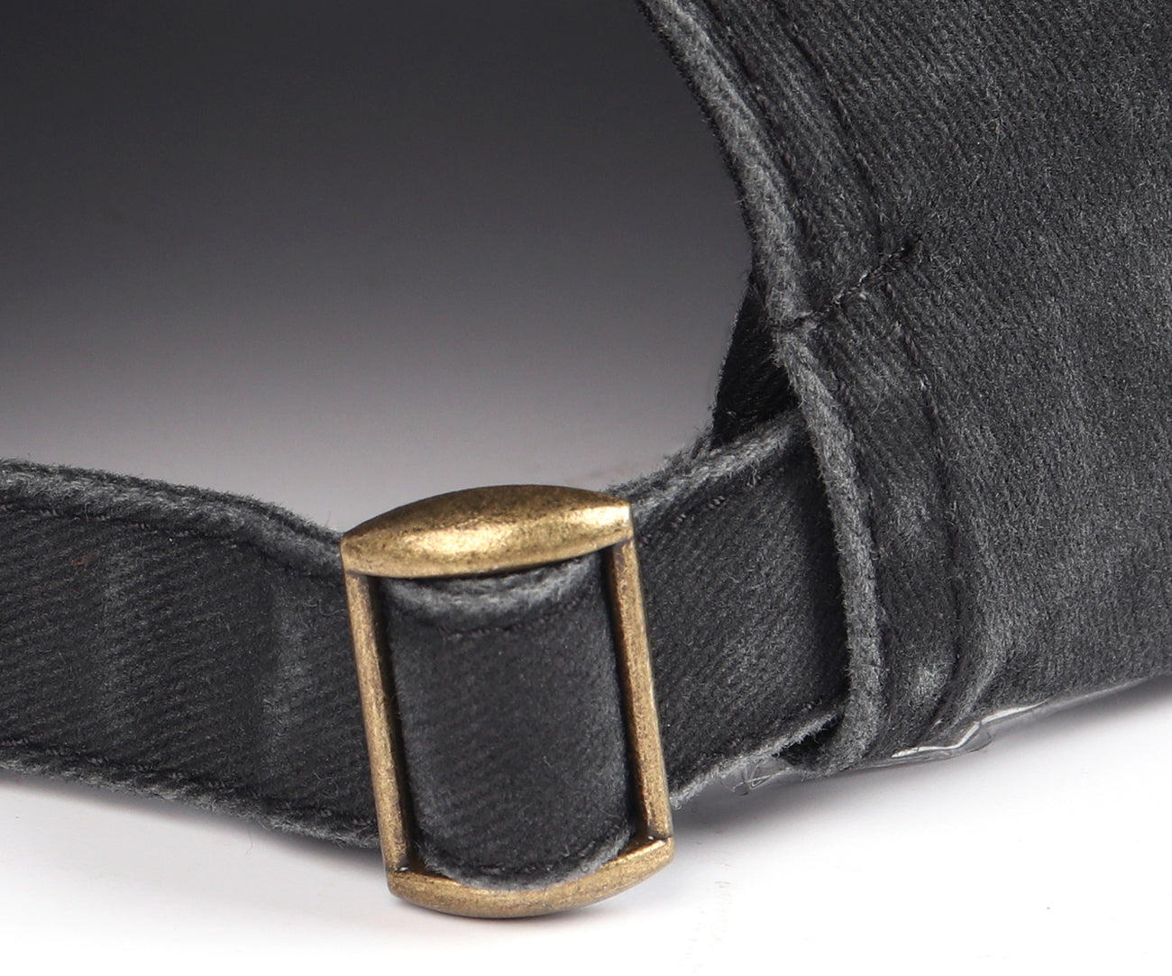 Black washed denim baseball cap for big heads - adjustable buckle close-up