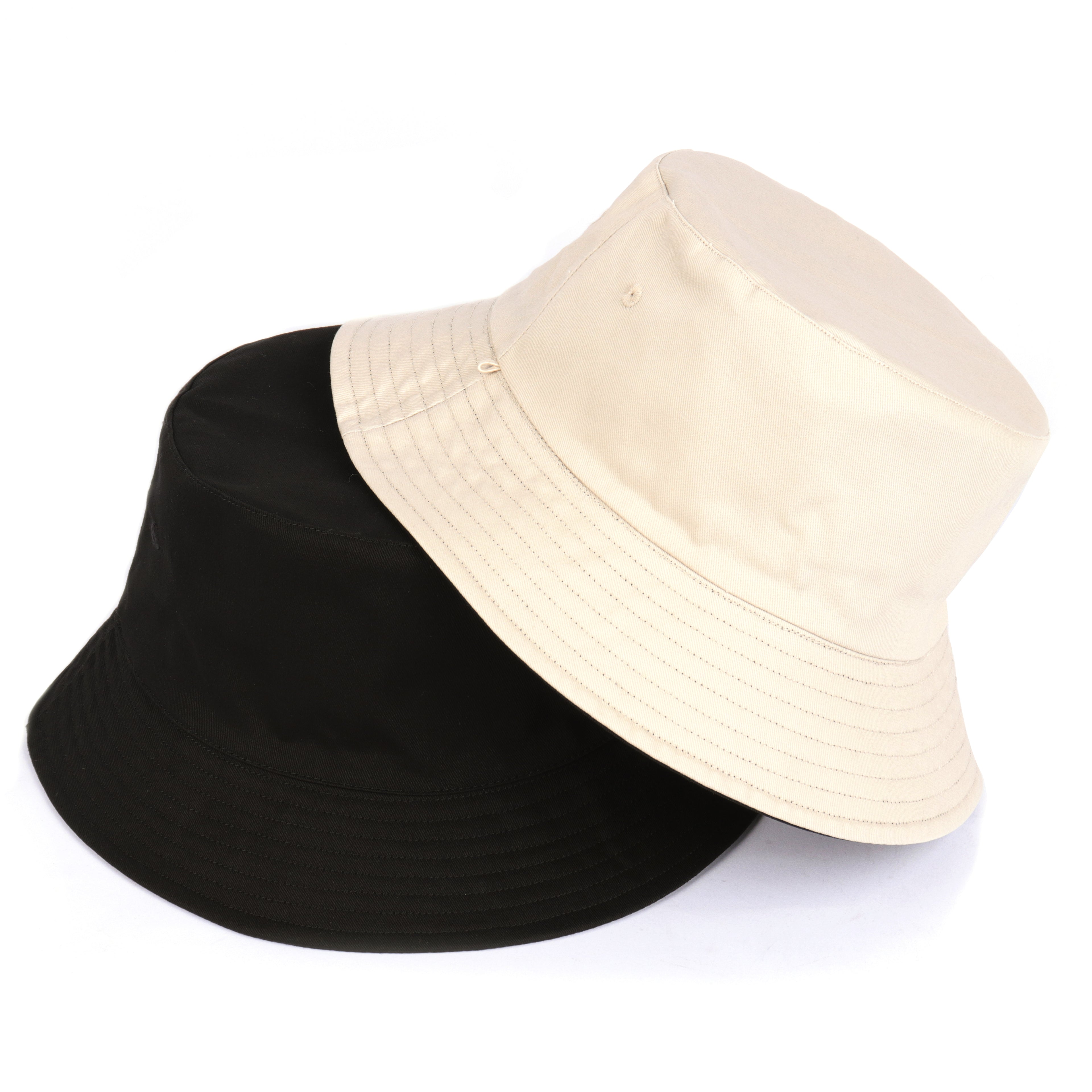 Black beige reversible cotton bucket hat for big heads - top crown view
