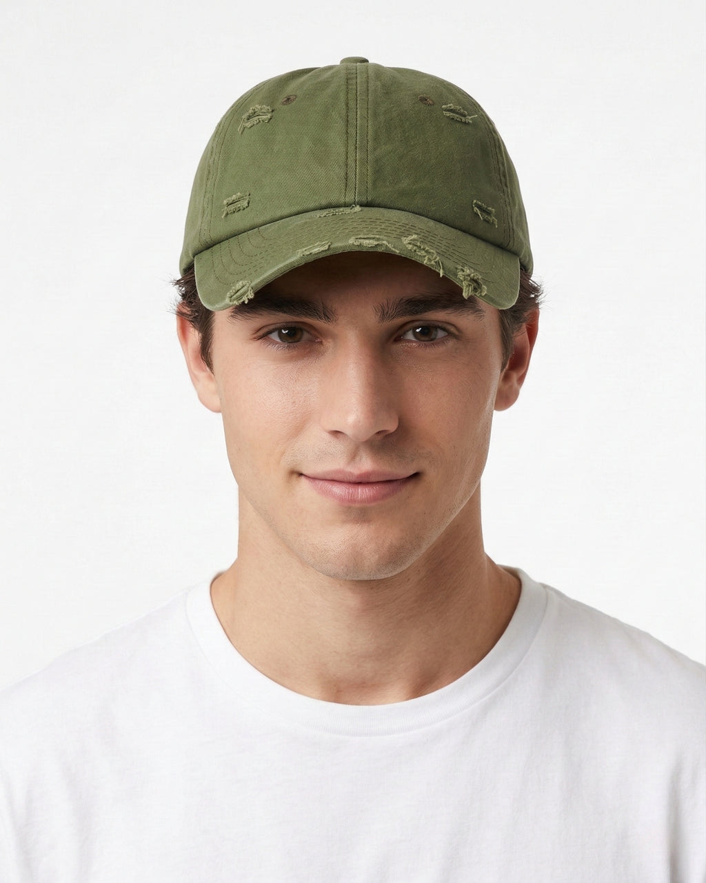 Model wearing distressed cotton baseball cap for big heads