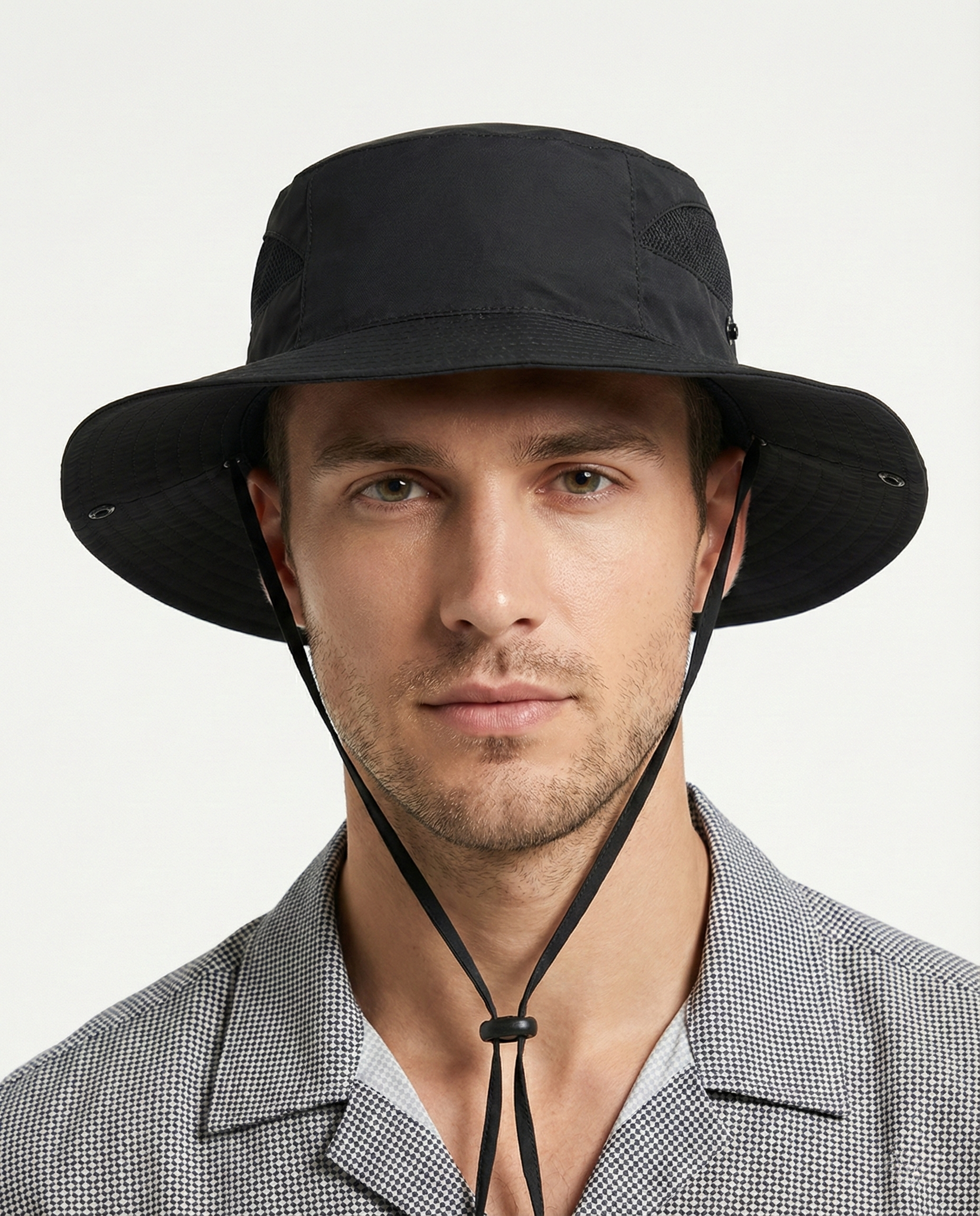 Black quick-dry boonie sun hat for big heads XXL - model photo