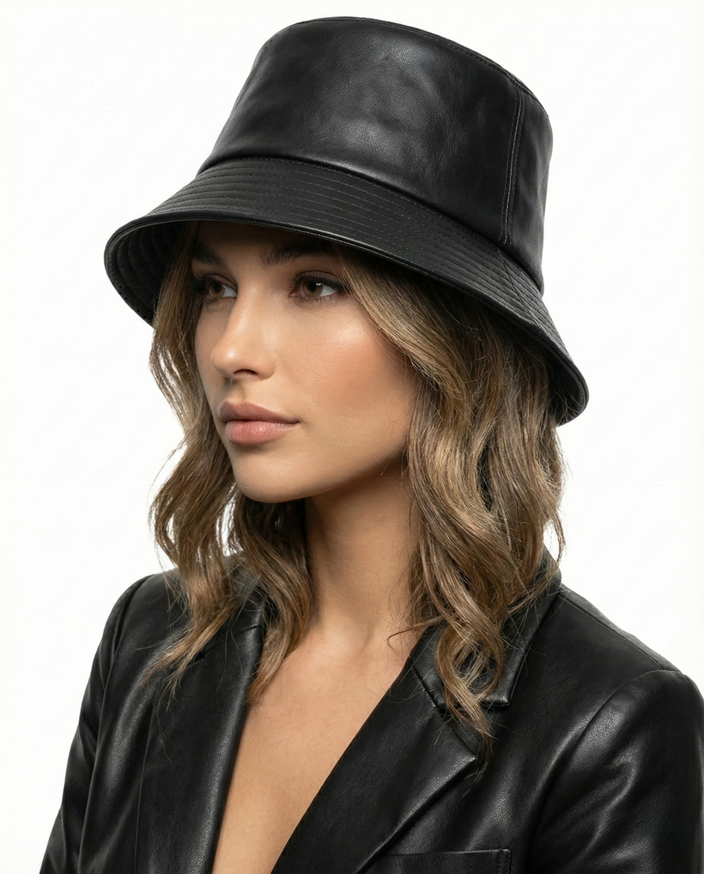 Black PU leather bucket hat for big heads XXL - model photo