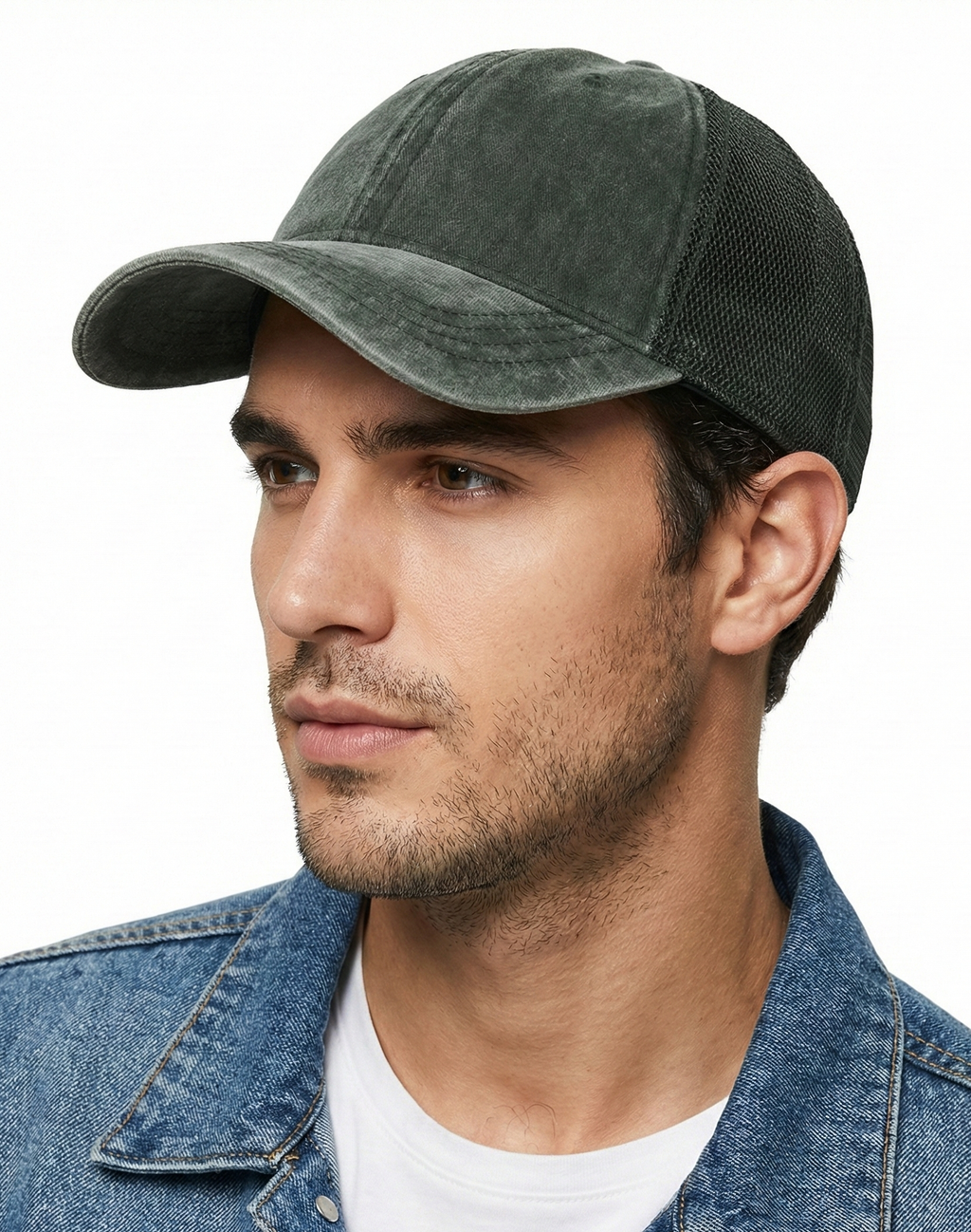 Army green cooling mesh washed trucker hat for big heads XXL - three quarter view - Zylioo