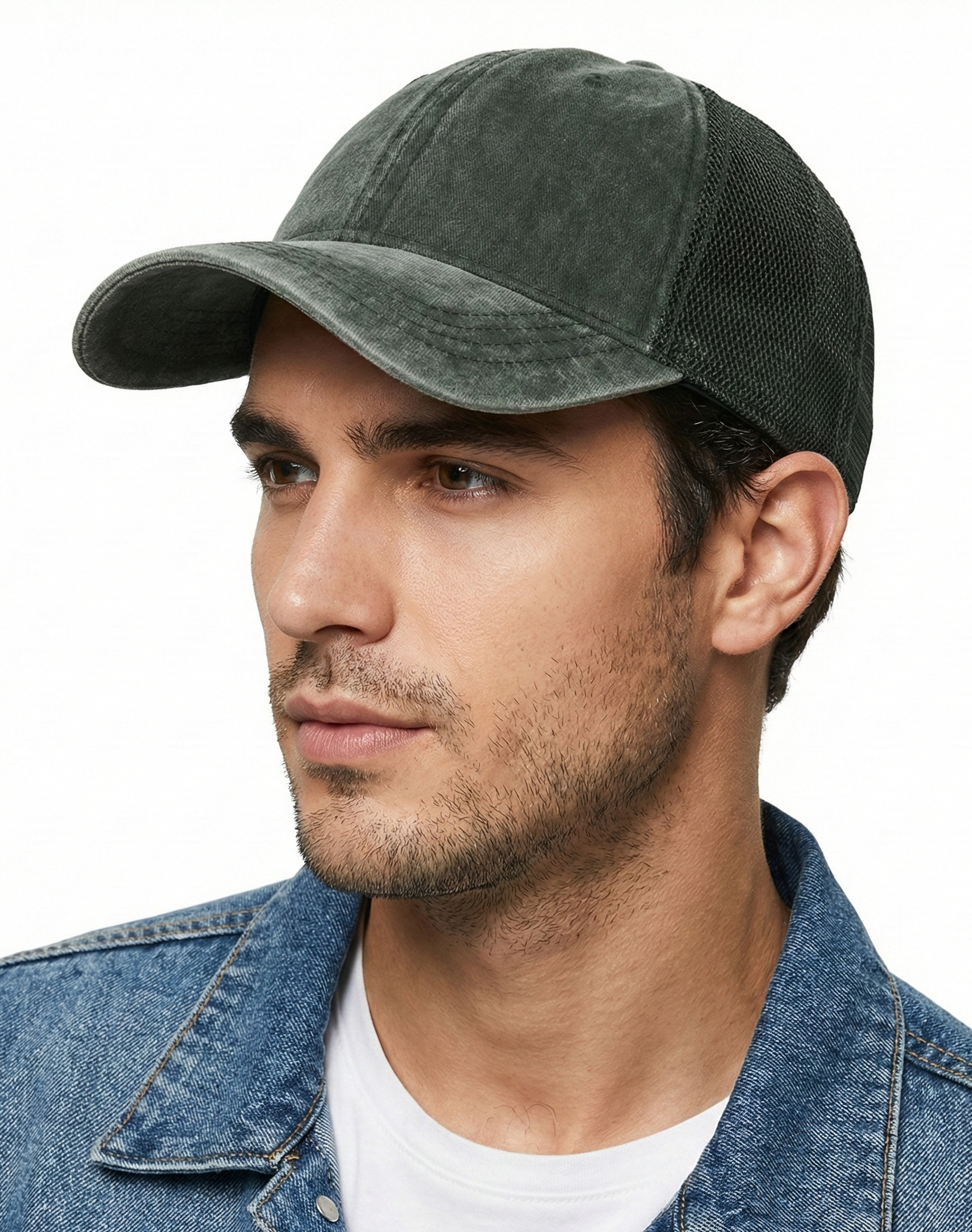 Army green cooling mesh washed trucker hat for big heads XXL - three quarter view - Zylioo