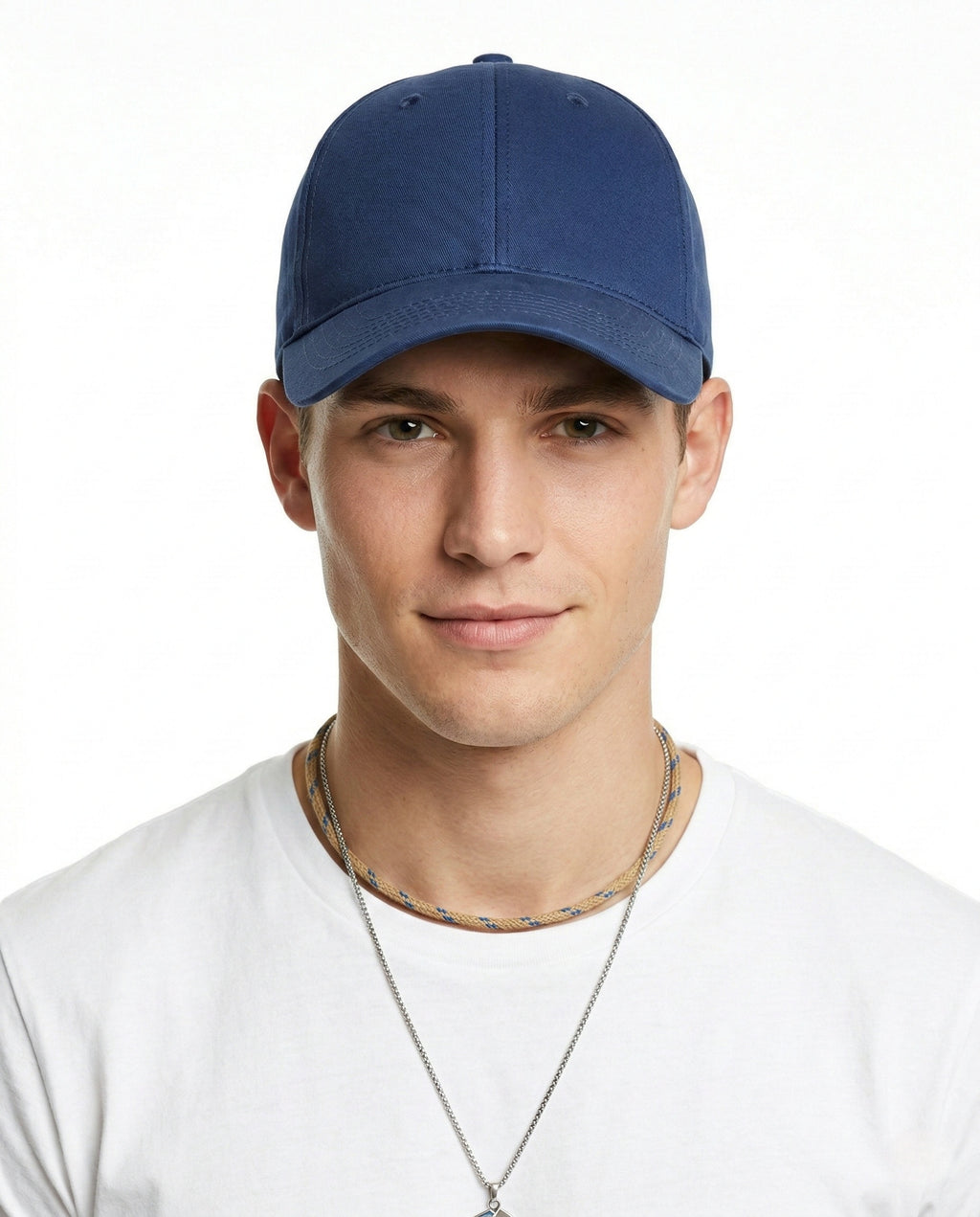 Model wearing soft closed back baseball cap for big heads