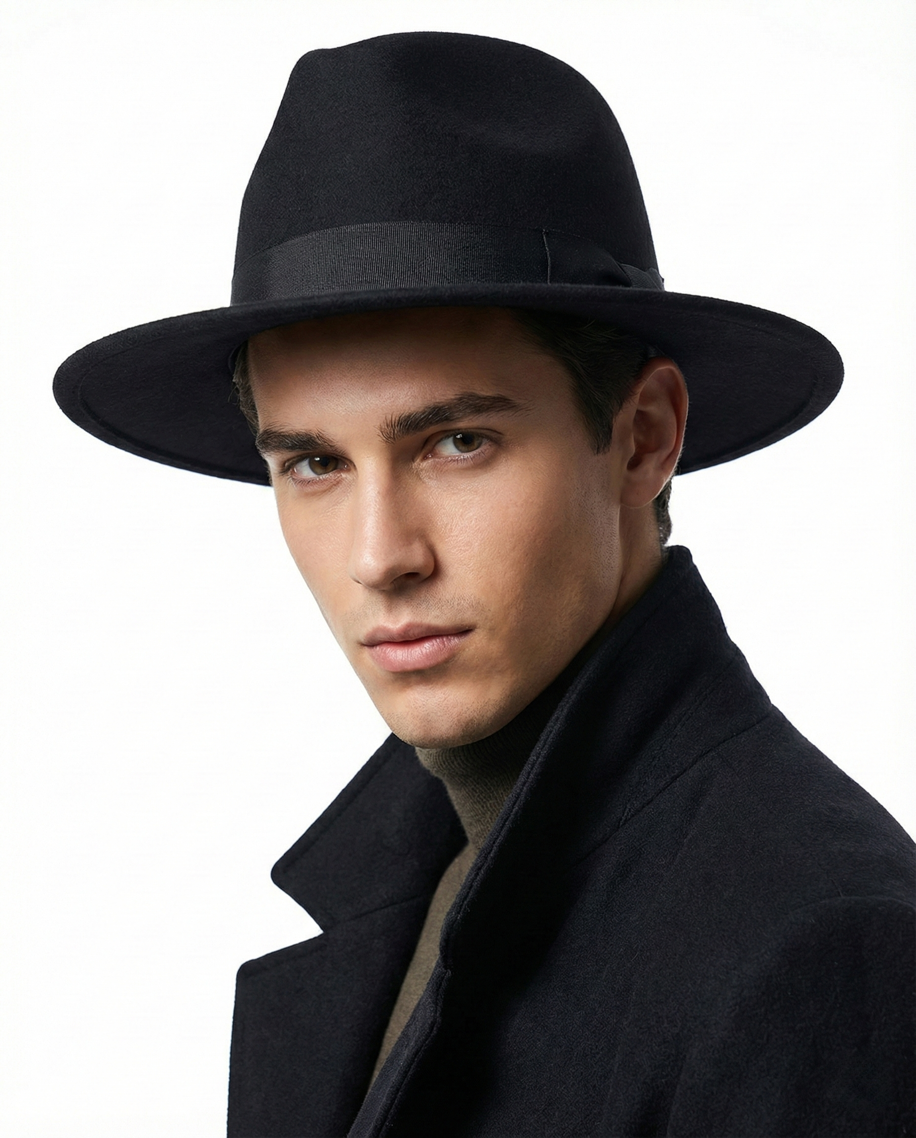 Black felt wide-brim fedora for big heads - on model lifestyle photo