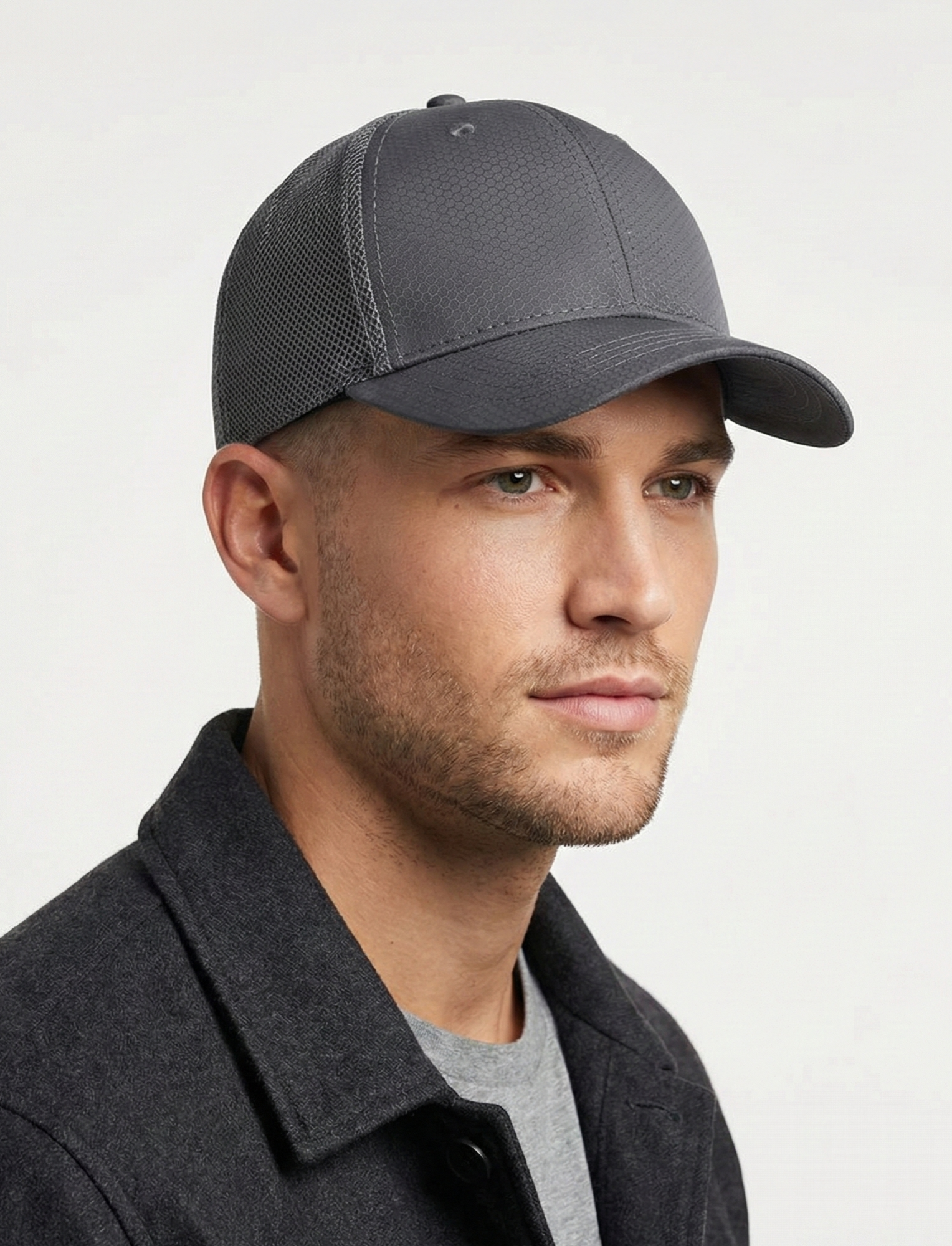 Grey breathable mesh trucker hat for big heads XXL - on model lifestyle photo