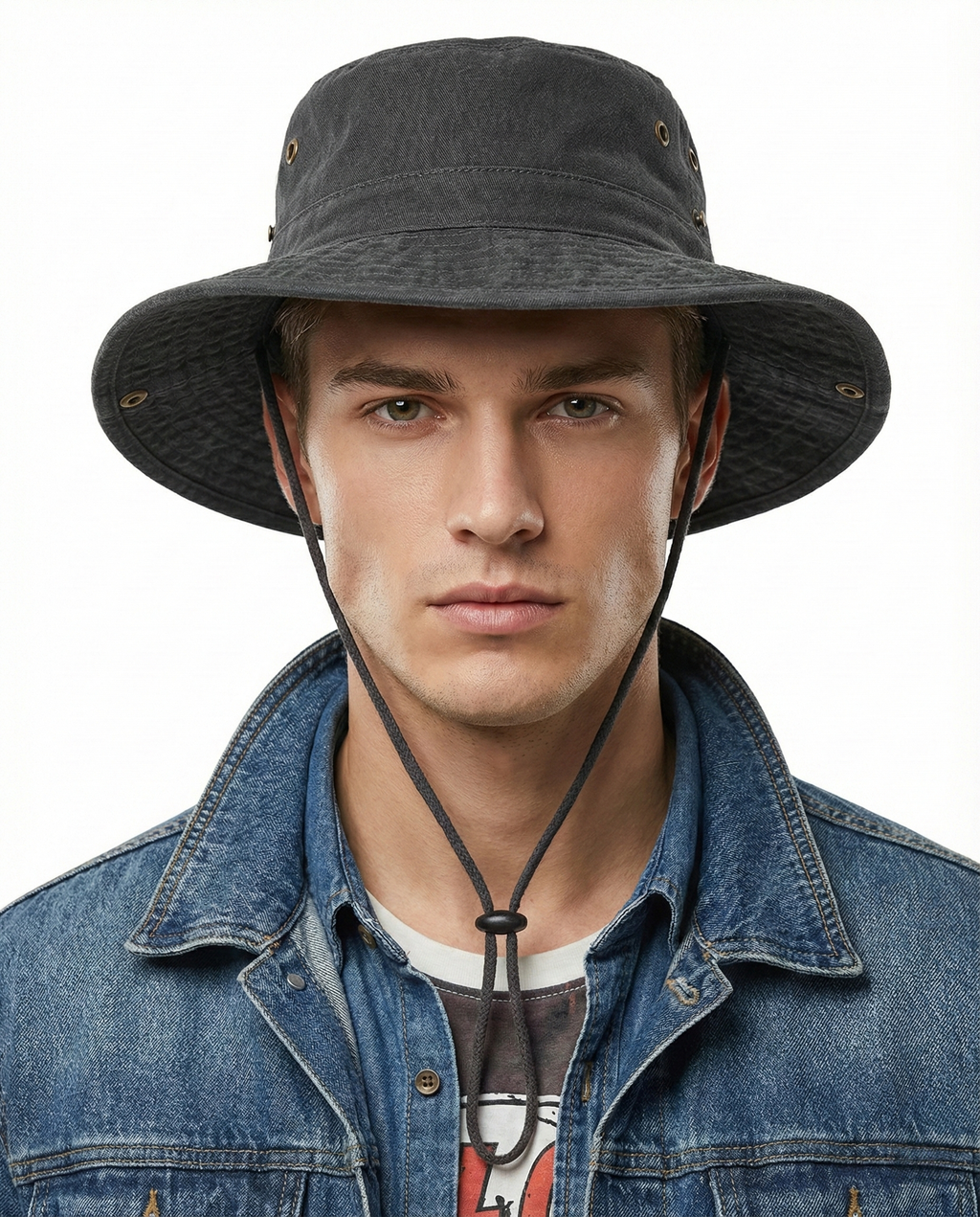 Black washed boonie sun hat for big heads XXL - model photo 