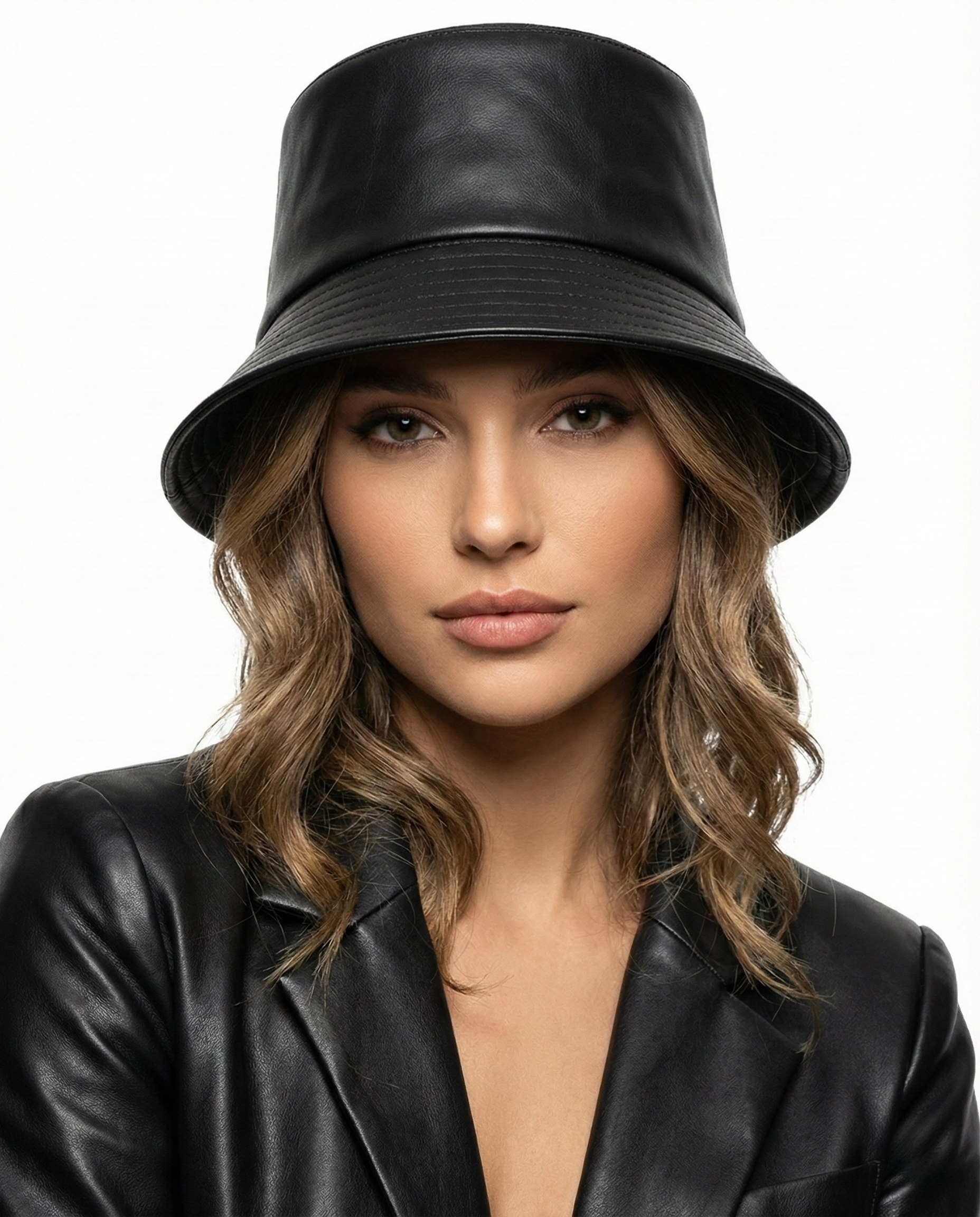 Black PU leather bucket hat for big heads XXL - model photo front