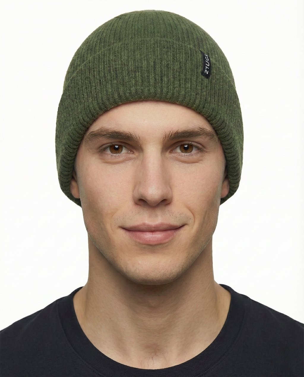 Army green ribbed knit beanie for big heads XXL - model photo-man