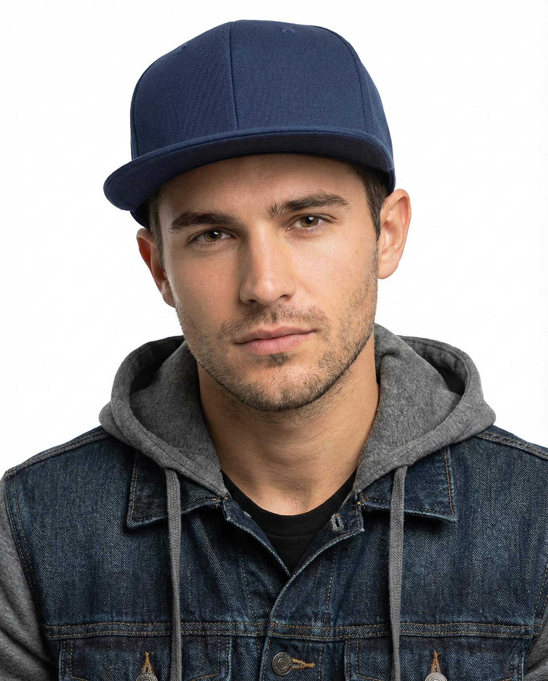 Navy flat bill snapback baseball cap for big heads - on model lifestyle photo