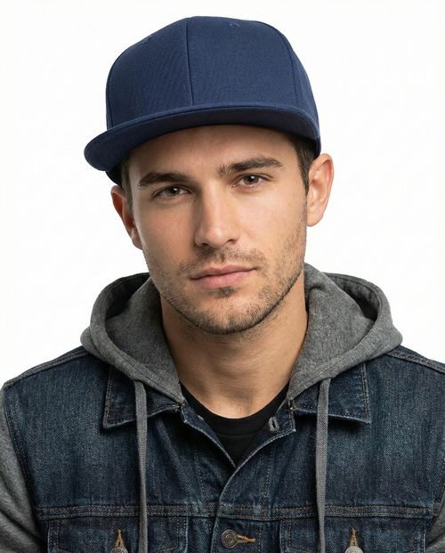 Navy flat bill snapback baseball cap for big heads - on model lifestyle photo