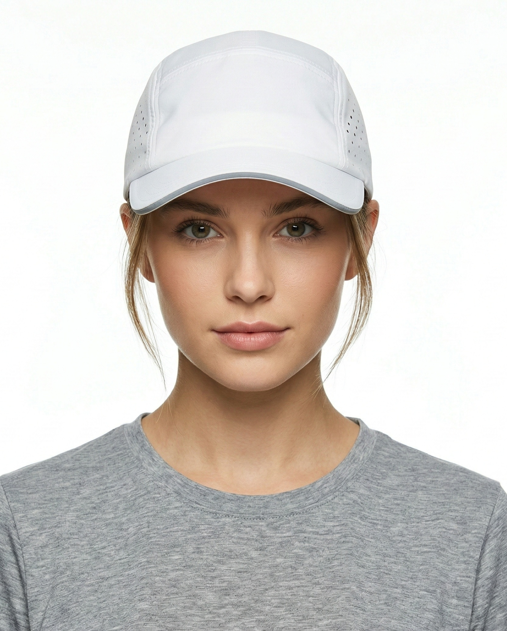 Model wearing 5-panel quick-dry baseball cap for big heads
