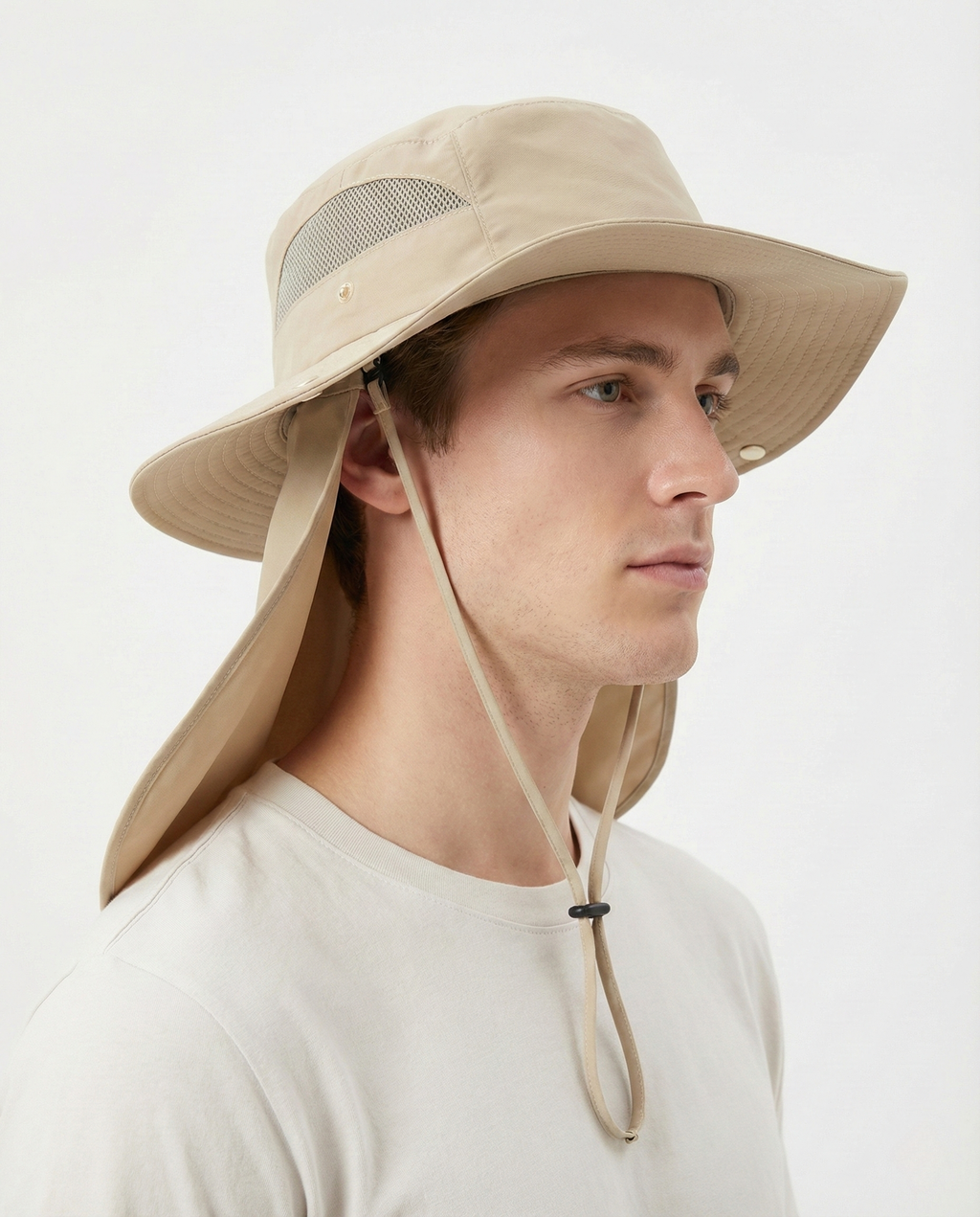 Khaki neck flap sun hat for big heads - on model front view lifestyle photo