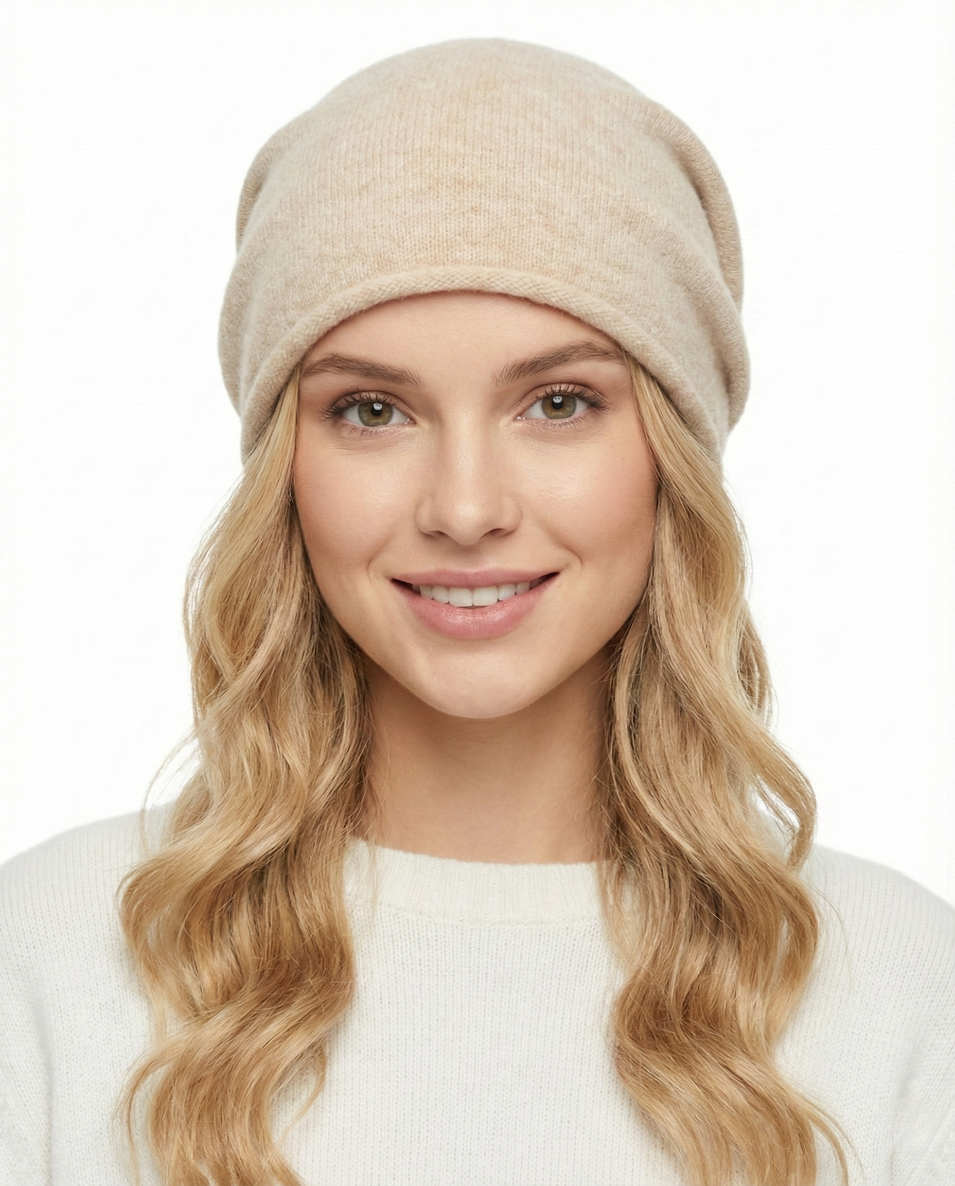 Beige soft slouchy beanie for big heads - on model lifestyle photo