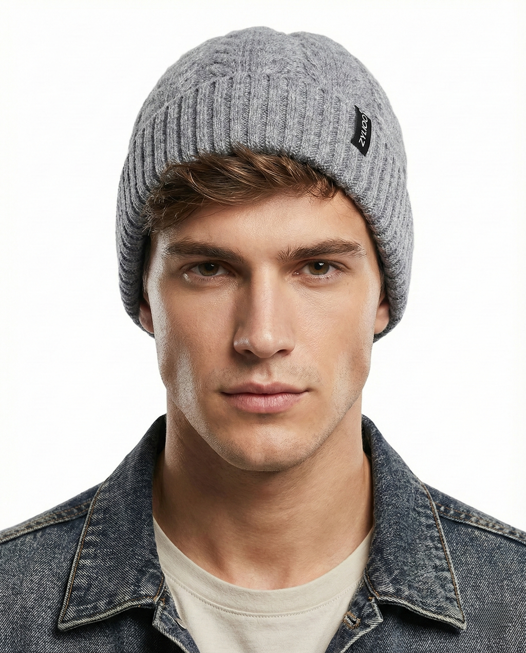 Gray fleece-lined cable beanie for big heads - on model lifestyle photo