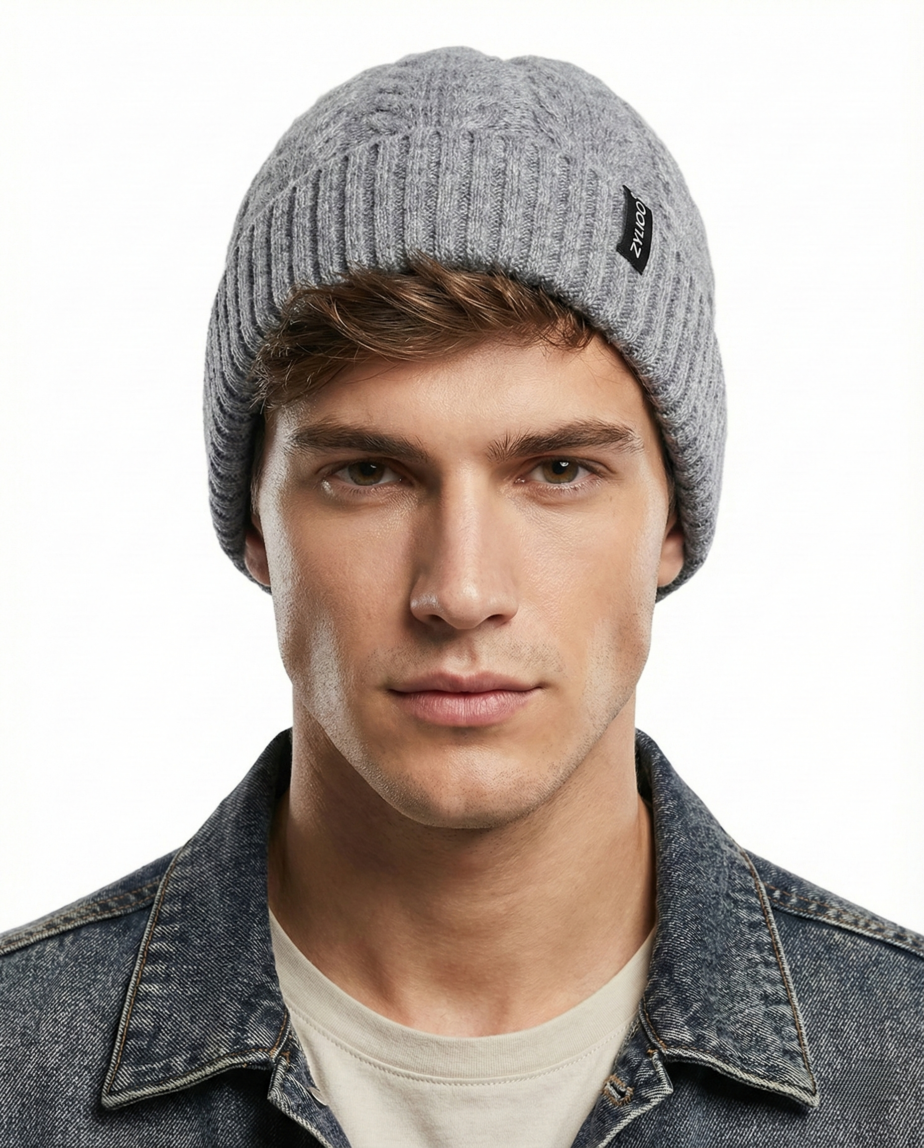 Gray fleece-lined cable beanie for big heads - on model lifestyle photo