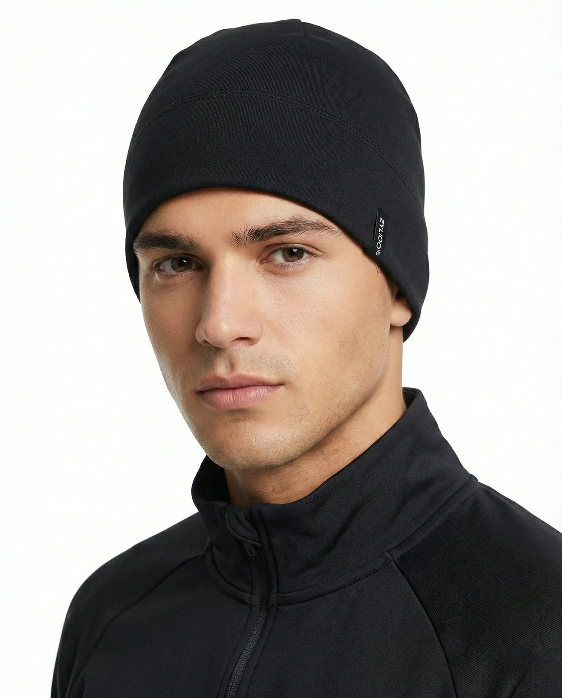 Black fleece skull cap for big heads - on model lifestyle photo