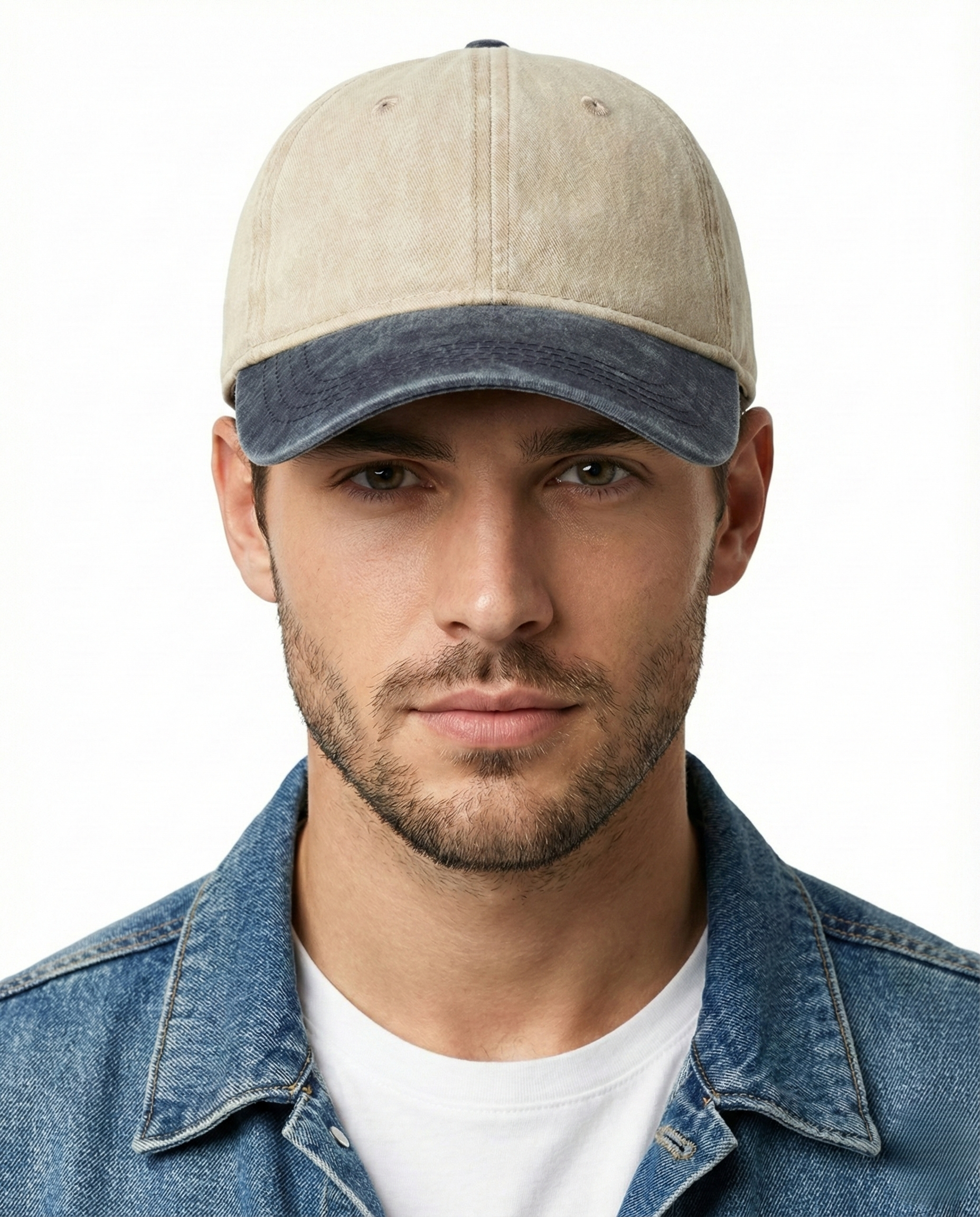 Beige navy two-tone washed low profile baseball cap for big heads - on model lifestyle photo