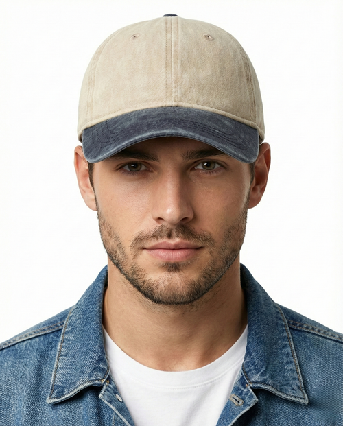 Beige navy two-tone washed low profile baseball cap for big heads - on model lifestyle photo