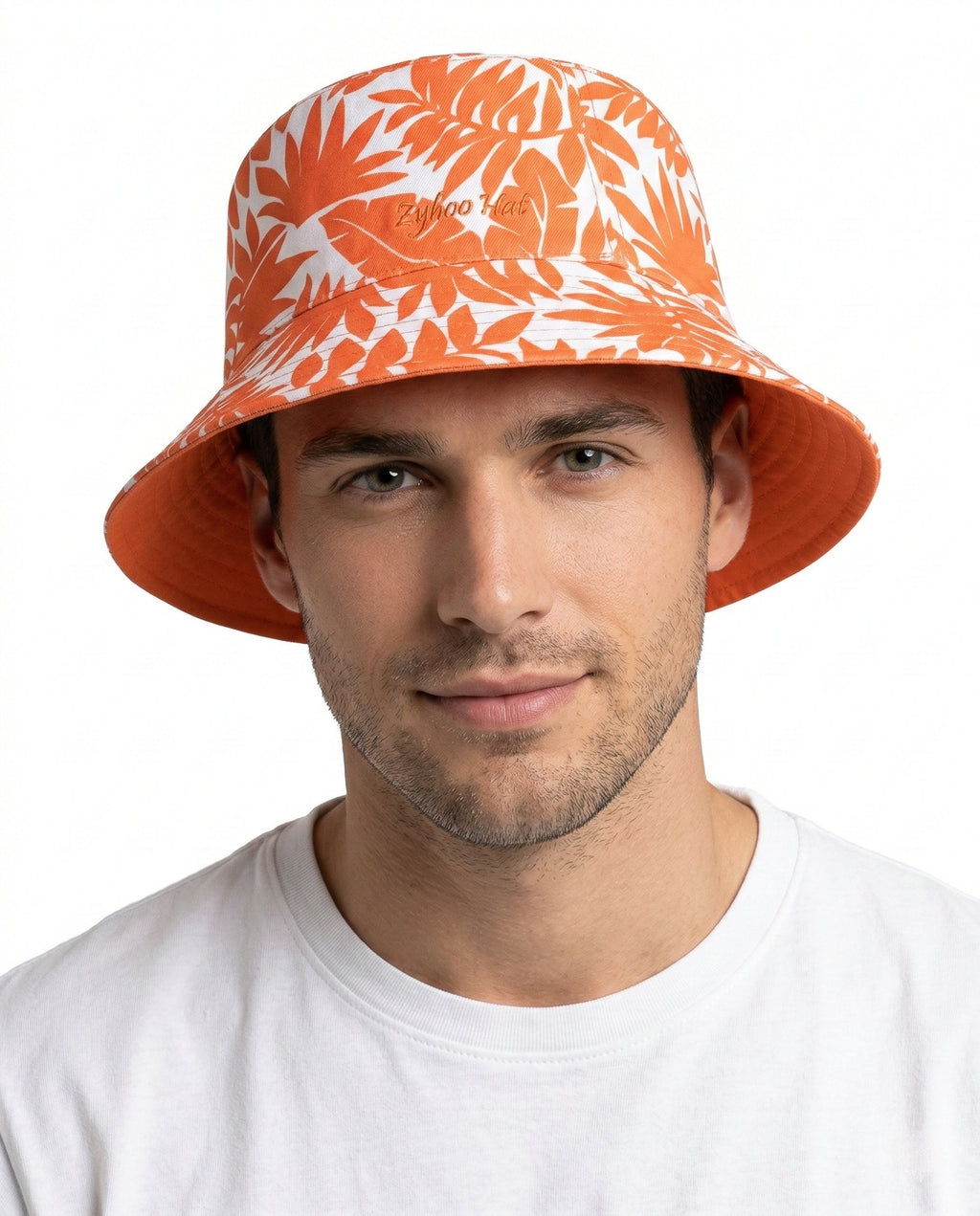 Model wearing reversible floral bucket hat for big heads