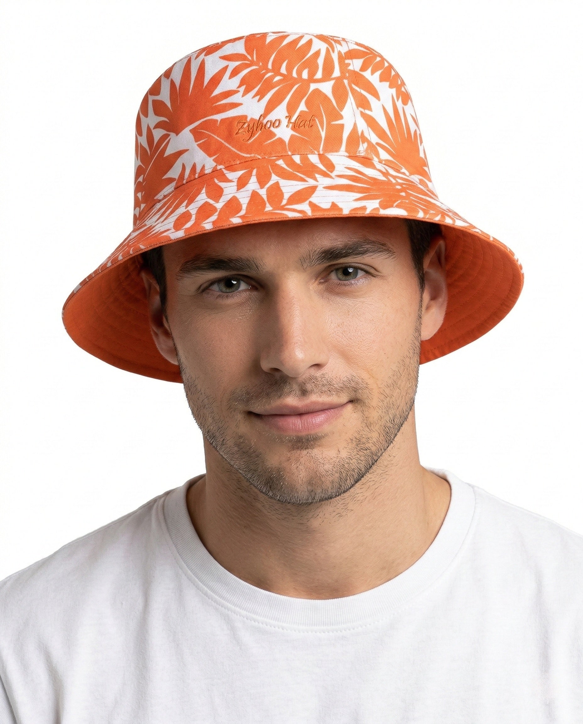 Model wearing reversible floral bucket hat for big heads