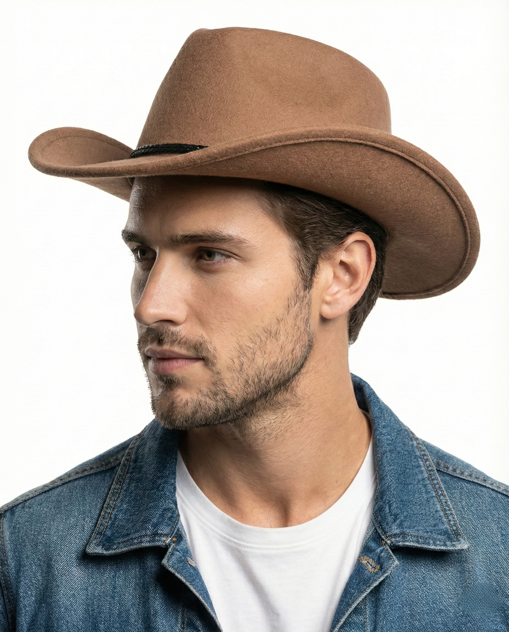 Brown felt cowboy hat for big heads - on model lifestyle photo
