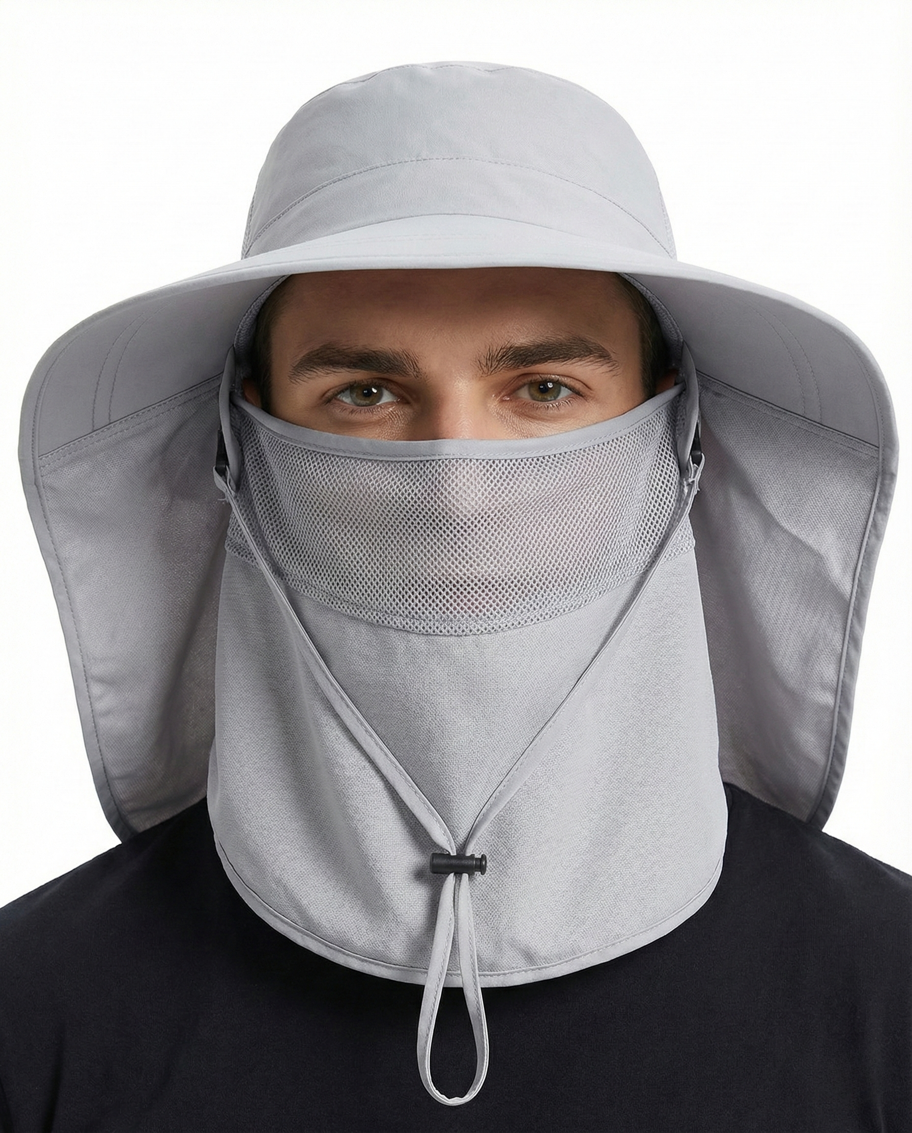  Light gray wide brim sun hat for big heads - on model lifestyle photo with detail