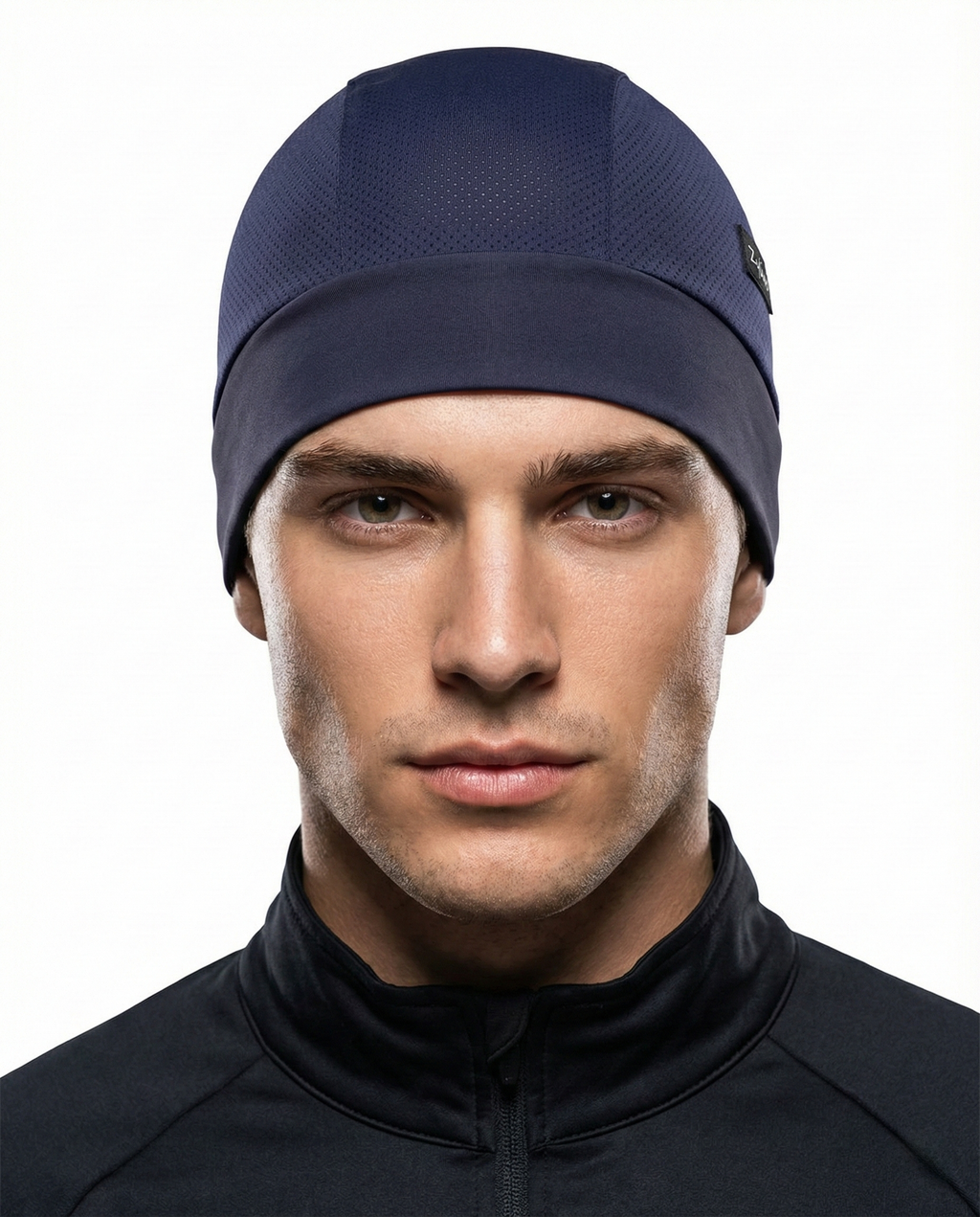 Navy blue cooling cycling skull cap for big heads - on model lifestyle photo