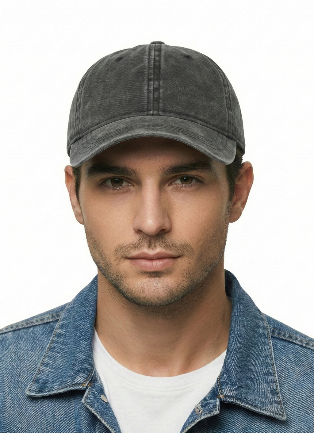 Black washed denim baseball cap for big heads XXL - front view 